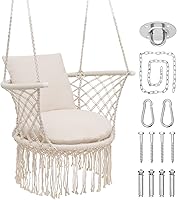 Athena Collection Beige Macrame Hammock Swing Chair with Cushion & Hardware - 350 lbs Outdoor Indoor Hanging Chair