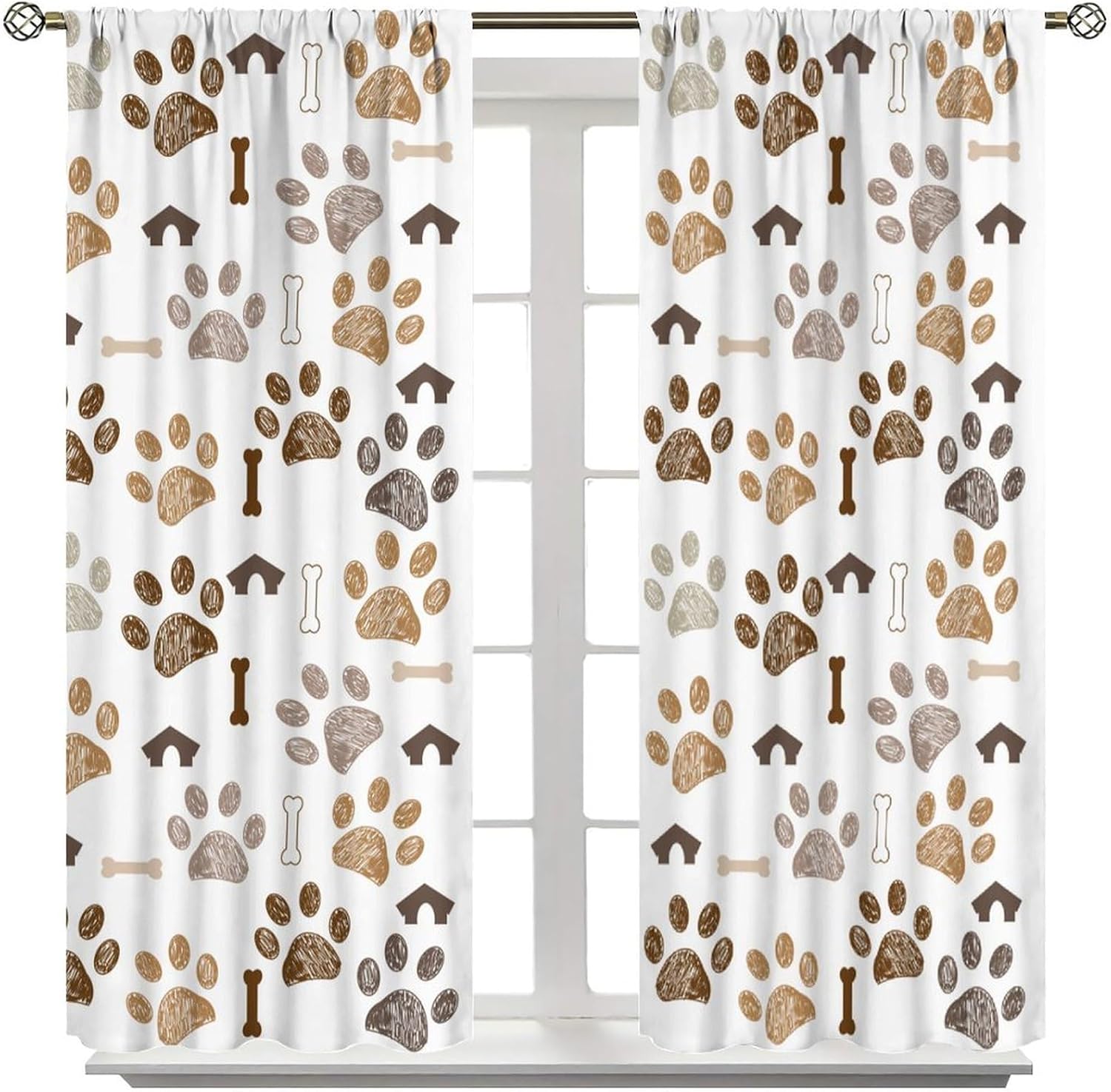 Paw Curtains, Funny Cute Graffiti Brown Animal Dog Footprint Bone Kennel Pattern Drapes for Kid, Thermal Insulation Blackout Rod Pocket Window Treatments for Living Room Bedroom Bathroom 42x63in