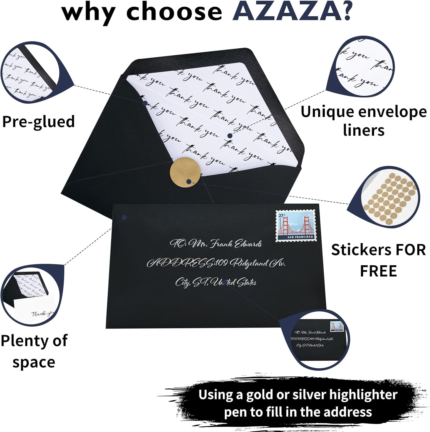 AZAZA 50 Pack Black Thank You Cards with Envelopes 4x6 inch, Bulk Thank You Notes 2 Minimalistic Designs, Funeral Thank You Cards with Envelopes & Gold Stickers for Graduation, Small Business - Image 5
