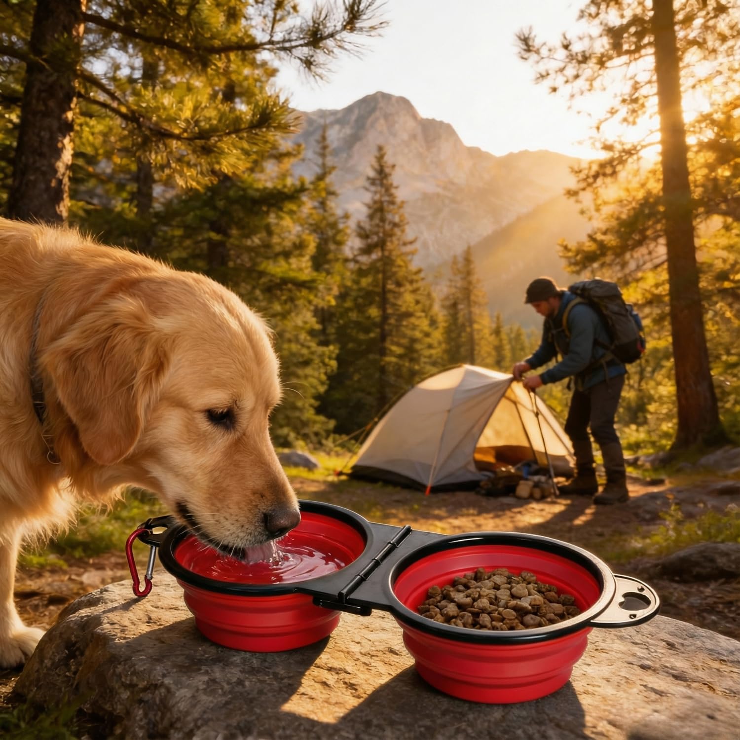 Double gamelle pliable pour chien avec porte-clés – Gamelle d'eau et d'alimentation portable pour animaux de compagnie, pliable et pratique pour chiens et chats, plusieurs couleurs disponibles (rouge)