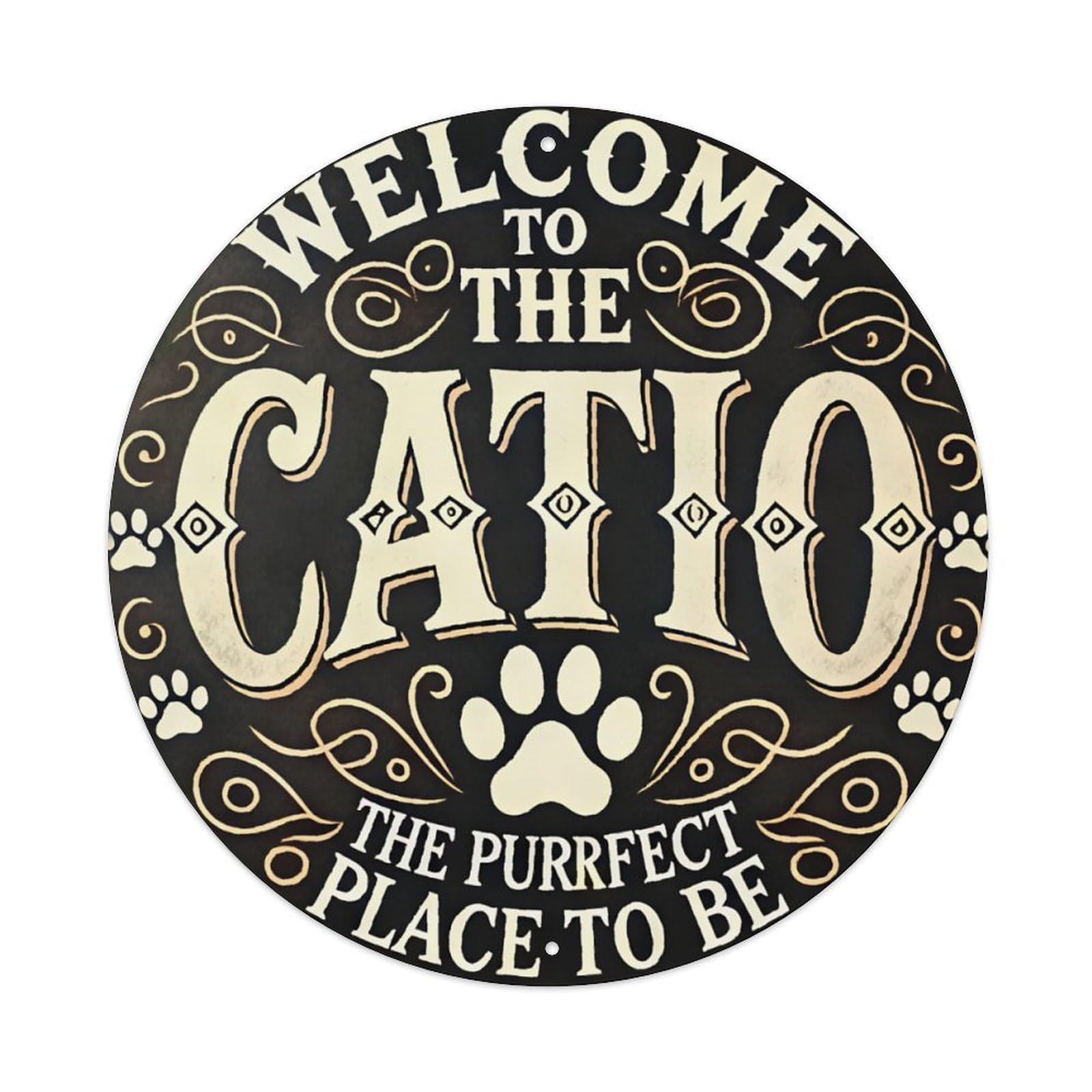Welcome To The Catio Paw Print Vintage Round Decor Sign Vintage Aluminium Metal Sign, Retro Wall Decor for Home, Bar, Garage & Farmhouse 20x20cm