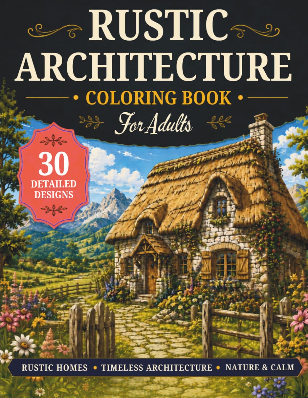 Rustic Architecture - Coloring Book for Adults: Relaxing Country Homes, Vintage Buildings, and Rural Scenes to Color