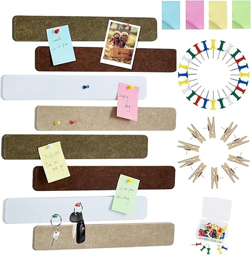 Vuzvuv 8 tiras de barra de tablón de anuncios con 50 alfileres y 10 pines de clip de madera, tablero de corcho autoadhesivo para pared, tablero de