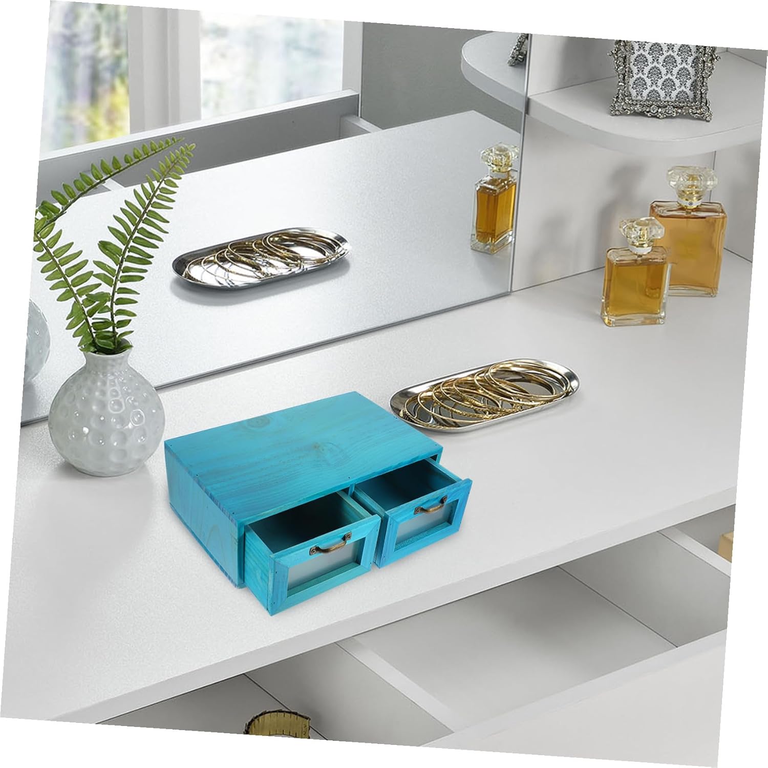 Vintage Wooden Desktop Drawer Organizer with Dual Compartments Rustic Makeup and Jewelry Storage Box Stable Mediterranean Blue Cosmetic Holder for Home and Office Desk