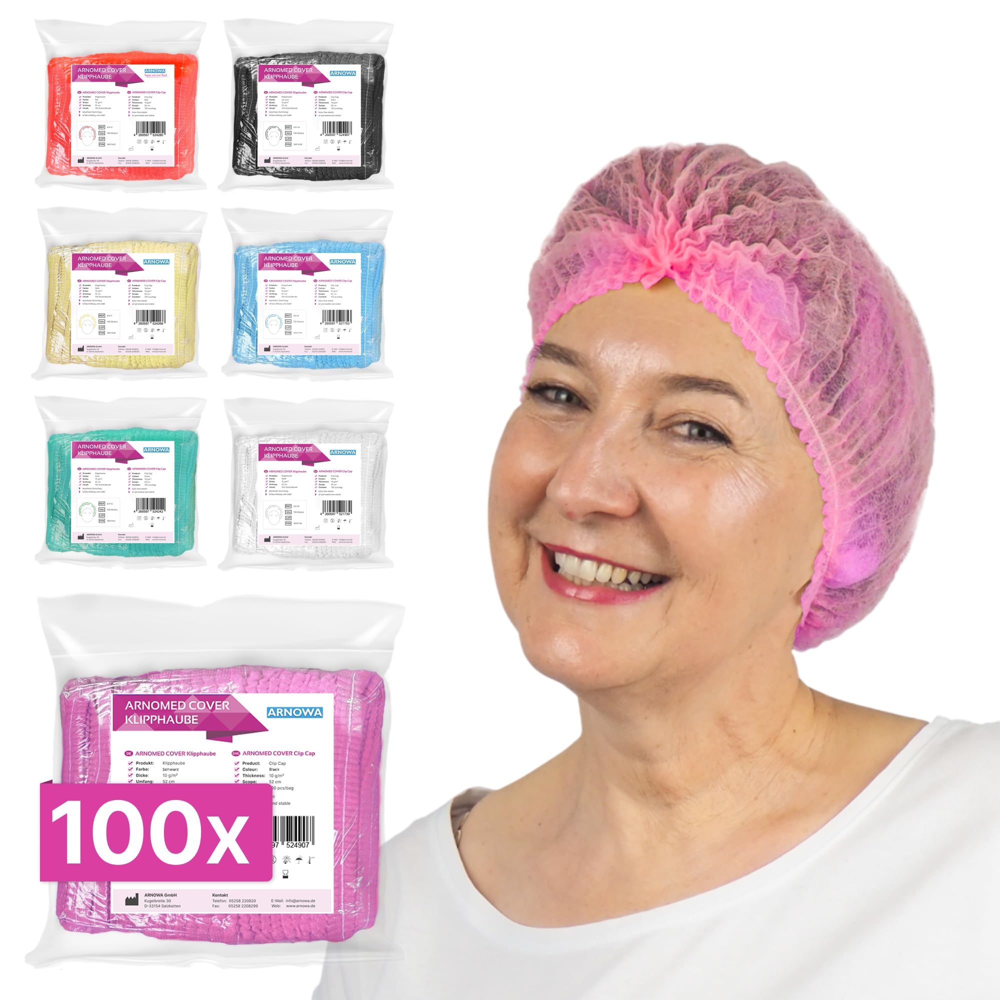 ARNOMED® Einweg Haarnetz, Einweghauben Kopf, Haube für OP, Gastronomie & Hygiene, Haarhaube Einweg, Einweg Kopfhaube, Netz für Haare, Klipphauben, Haarschutzhaube Stoff, M - 52 CM, Pink, 100x Stück