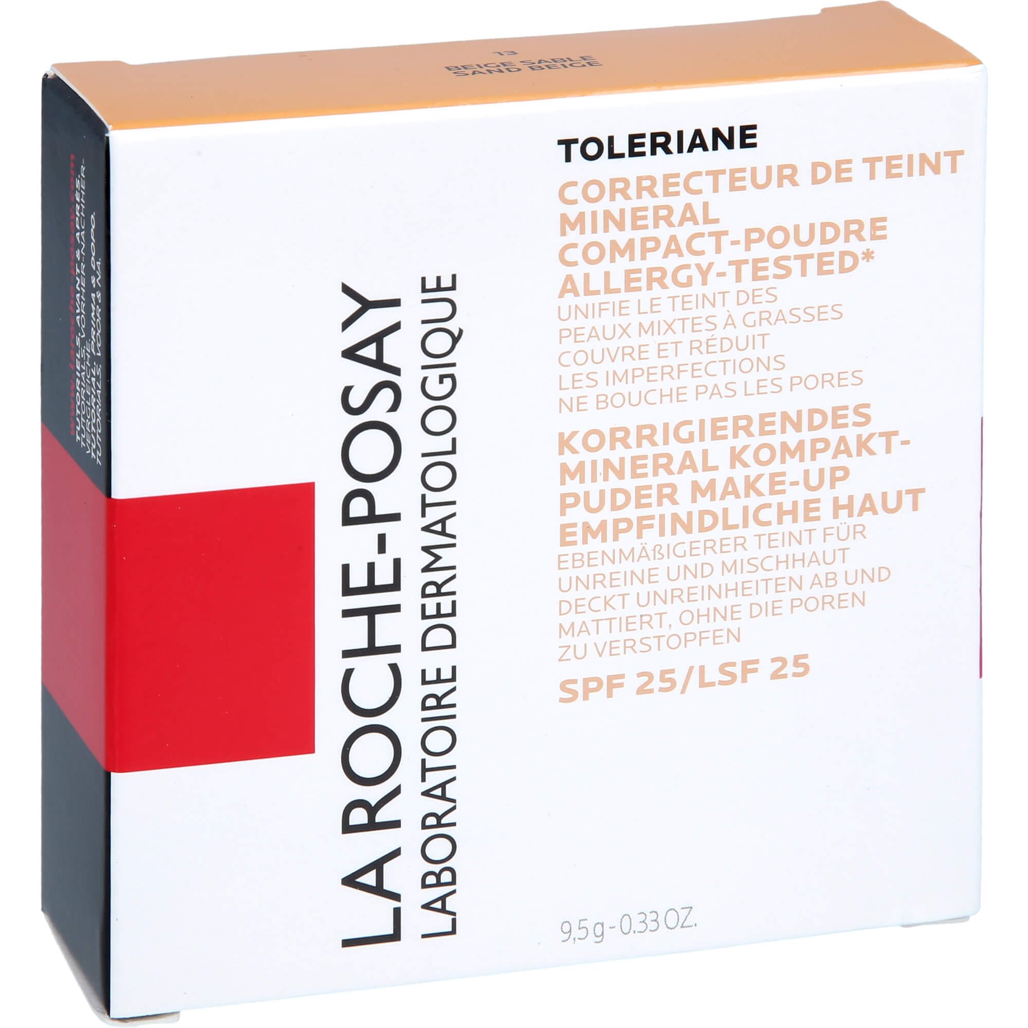 La Roche-Posay Toleriane Mineral Kompakt-Puder, Make-up für empfindliche Haut, Formel mit mattierenden Pigmenten und Perlit, Mittlere Deckkraft mit LSF 25, Farbe: Beige Sable Nr. 13, 9 g