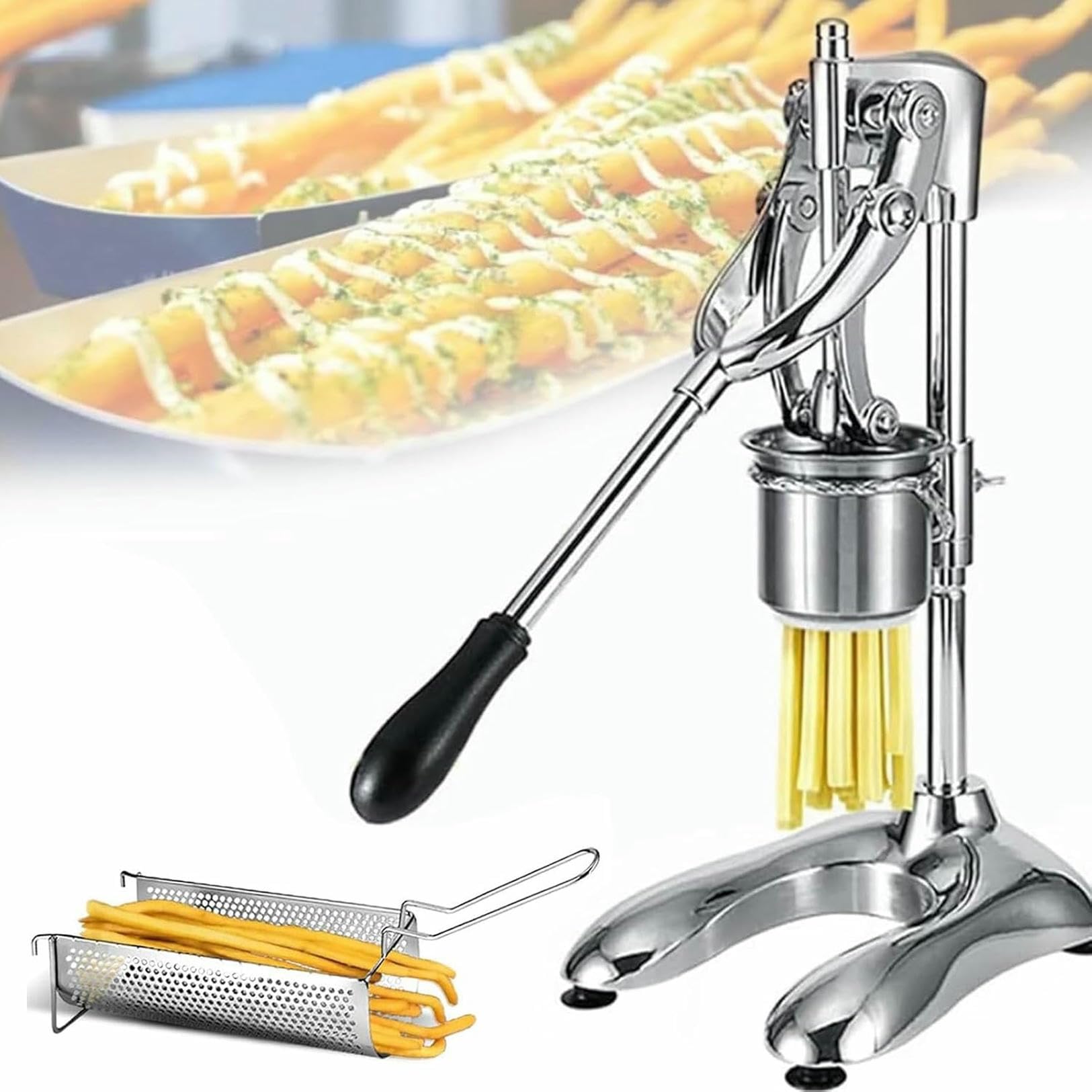 AYCDL French Fry Cutter Manual Stainless Steel Potato Slicer with Basket, Easy to Clean for Fast Food and Homemade Fries