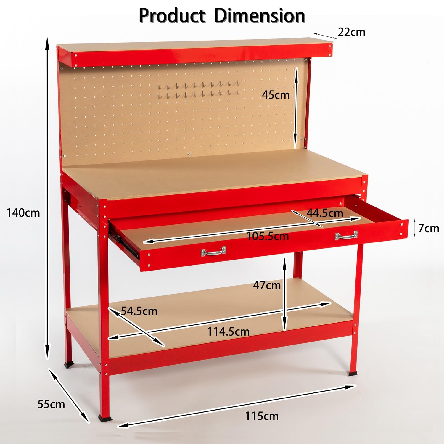 Foxhunter – Pannello forato per attrezzi lavoro banco da lavoro con attrezzi da garage in acciaio rosso con cassetti e ripiano per 12 pioli DIY workshop station