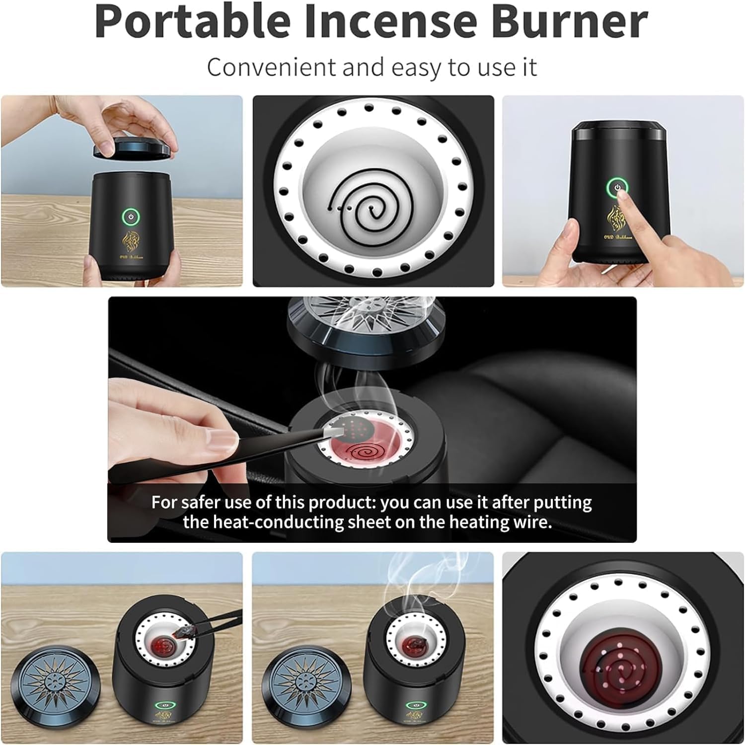Quemador de incienso electrónico inteligente recargable por USB, quemador de incienso eléctrico, soporte de incienso musulmán árabe recargable para coche y hogar