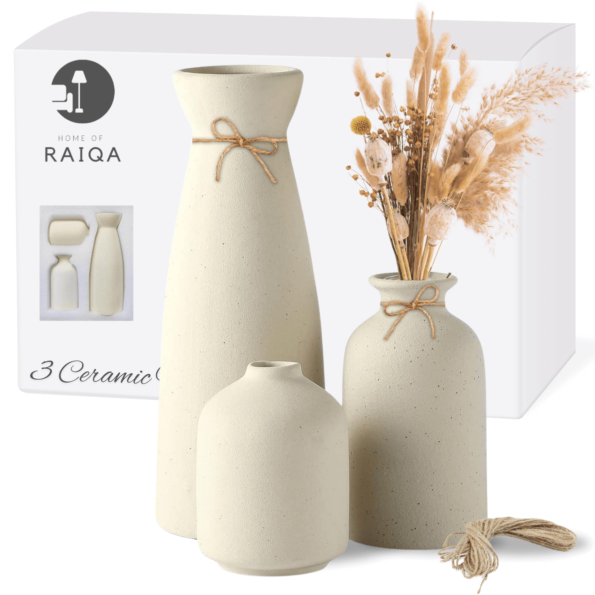 Raiqa Home Decor - Flower Vase Set of 3 Size - Small Beige Ceramic Vases in Various Forms - Flower Vase for Pampas Grass, Dried Flowers - Decoration Items for Living Room, Table, Shelf