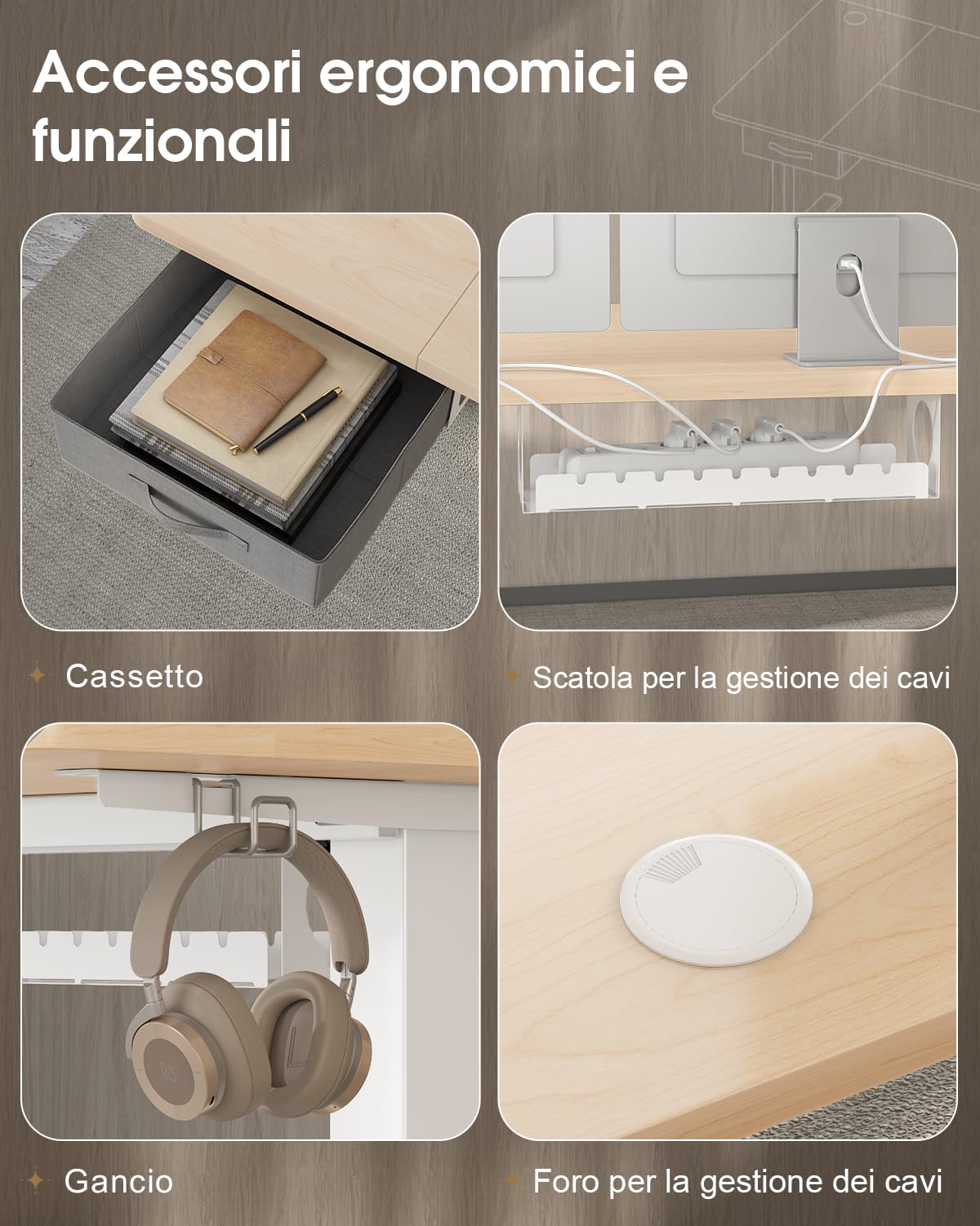 Devoko Scrivania Elettrica Regolabile In Altezza 180 x 80 cm, Ufficio 4 Sezioni Con Funzione Di Memoria, Cassetti, Porte Usb E Sistema Di Gestione Cavi, Beige