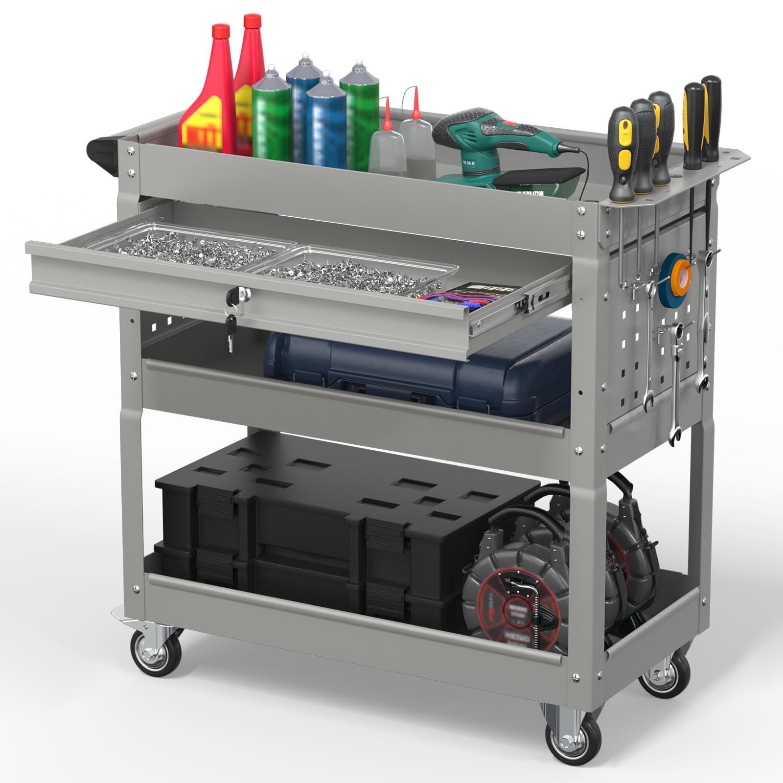 Cobinery 3 Tier Rolling Tool Cart on Wheels, 550 LBS Tool Cart with Drawers，Heavy Duty Utility Cart with Pegboard and Hook，Mechanic Tool Storage Cart