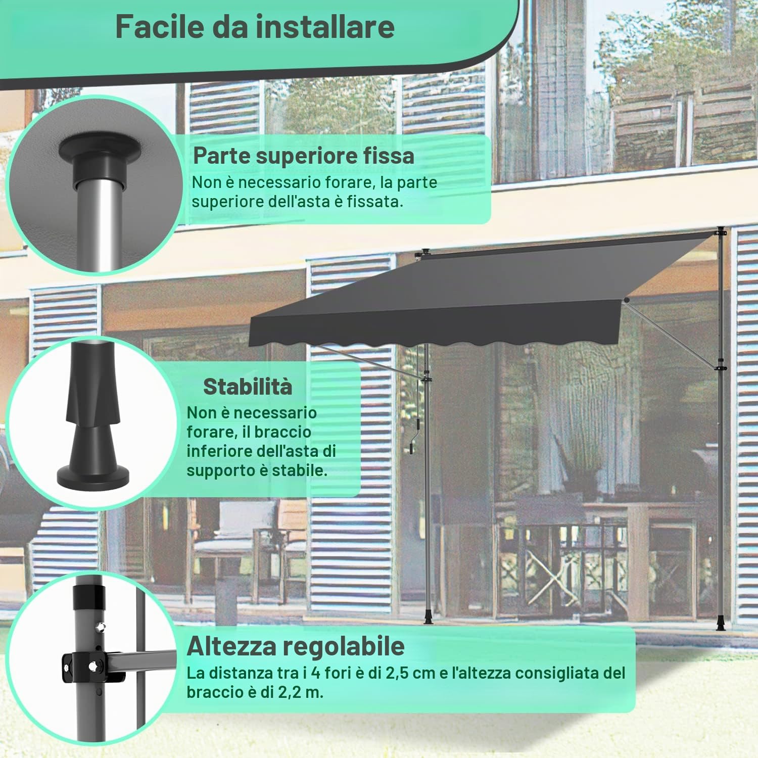 Ikodm Tenda da sole con manovella, 200 x 120 x 200 - 300 cm, grigia, per balcone, resistente ai raggi UV 50+, regolabile in altezza, impermeabile, facile da montare (GOL-8761-M1c)