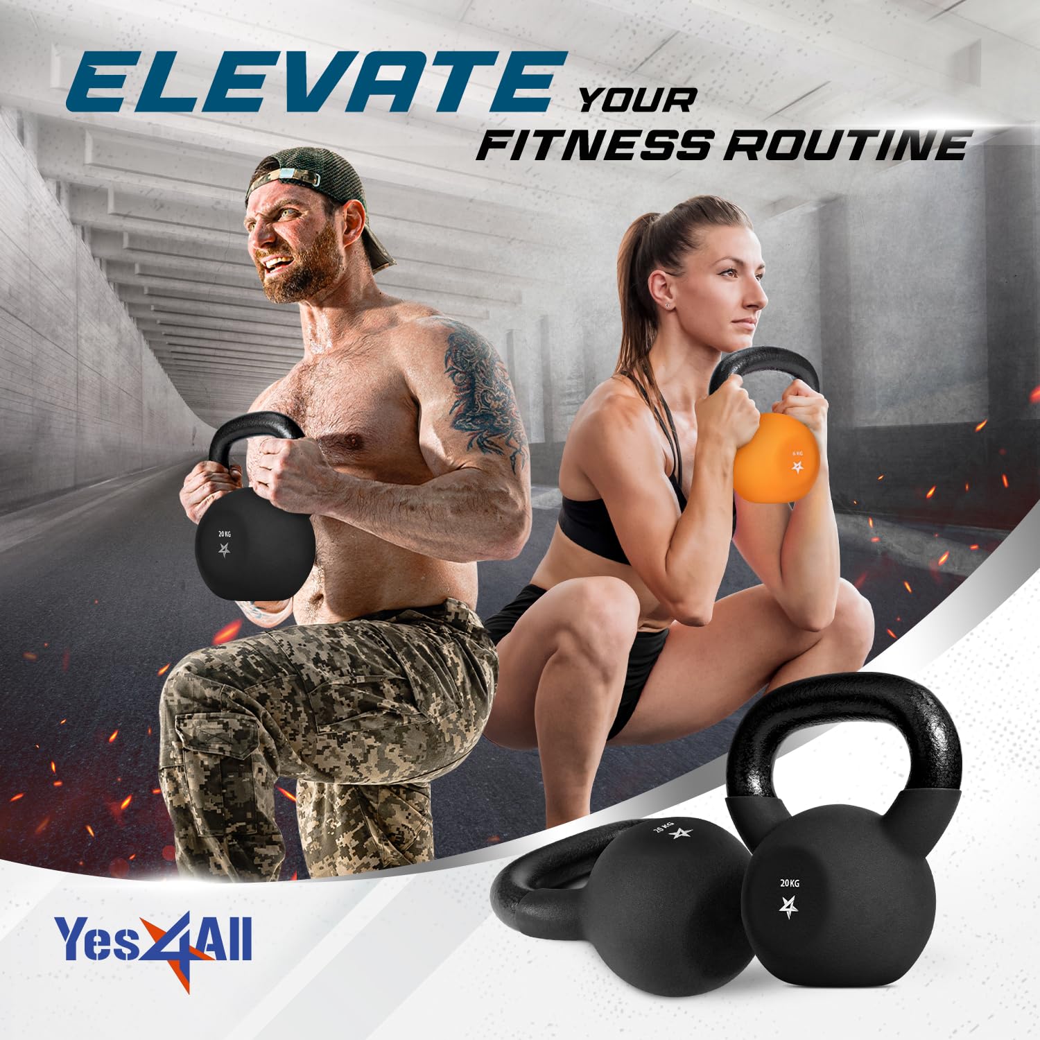 Yes4All JENR Kettlebell ciężarki z powłoką neoprenową, do treningu siłowego, 20 kg, czarne