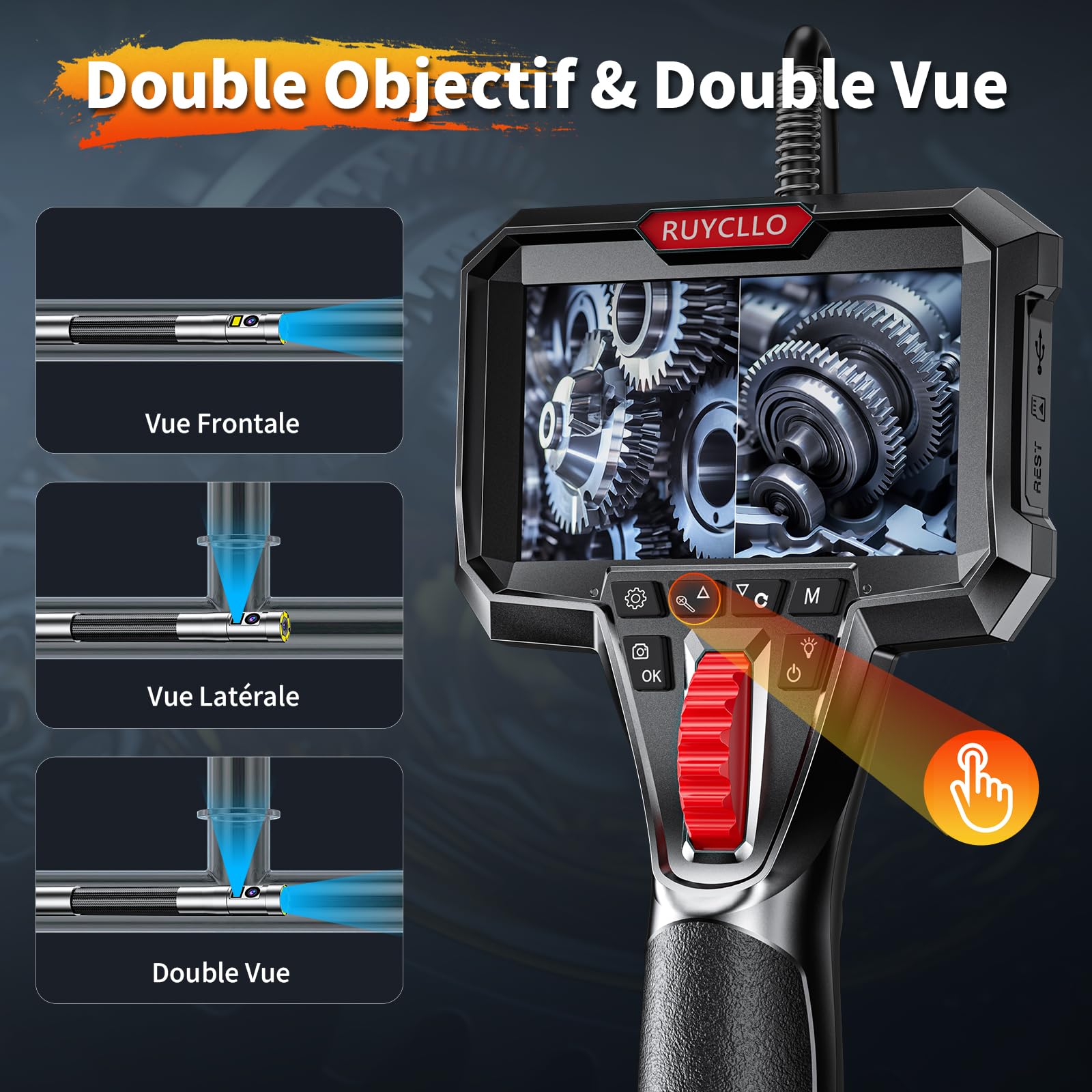 Double Objectif Caméra Endoscopique Industrielle avec Lumière, 1920P HD avec Tête Articulée Ø6,5mm 210°, Étanche IP67, Carte SD 32 Go Incluse - pour Mécanique Auto, Tuyauterie, Maintenance Technique