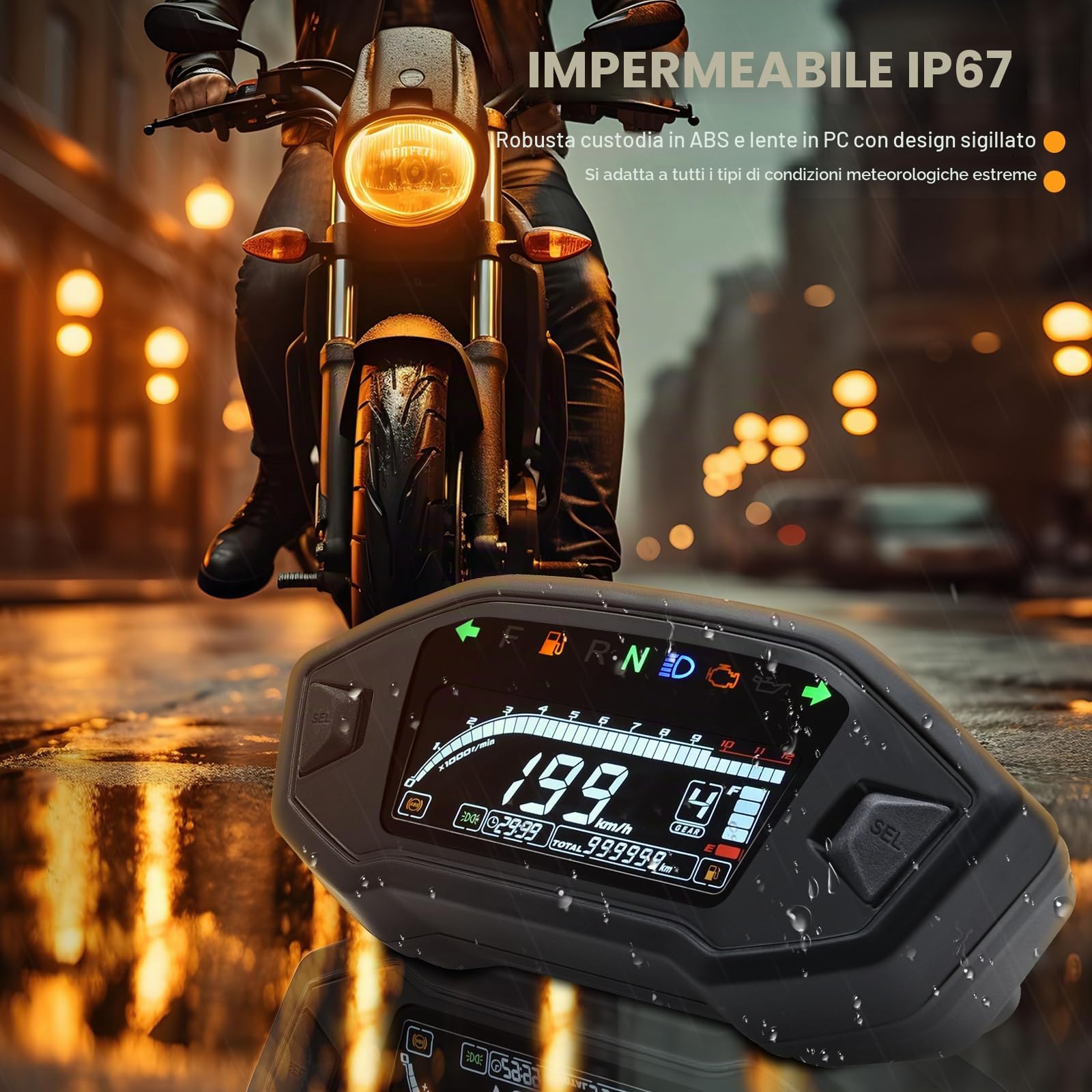 Geloo 0~12000r/min Tachimetro Moto Universale LCD digitale Retroilluminazione Moto Tachimetro Impermeabile Contachilometri Calibro 0-199km/h per 1,2,4 cilindri