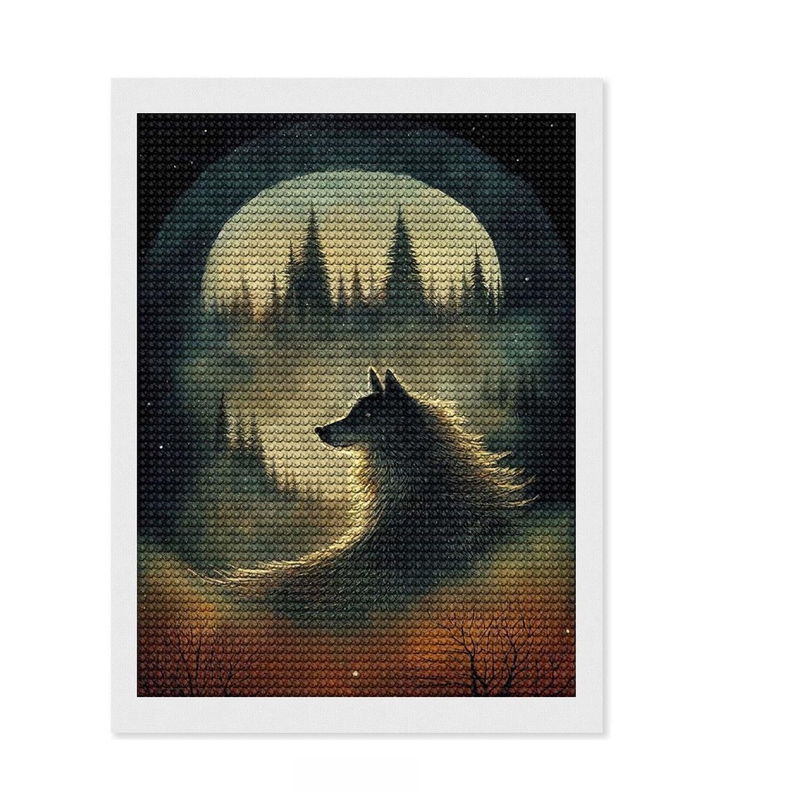 Junmoney Wolf in The Moonlight Diamond Art Kit 12"x16", Home Decoration, Relaxing DIY, Modern Decor, Holiday Gift Idea, Creative Gift Idea
