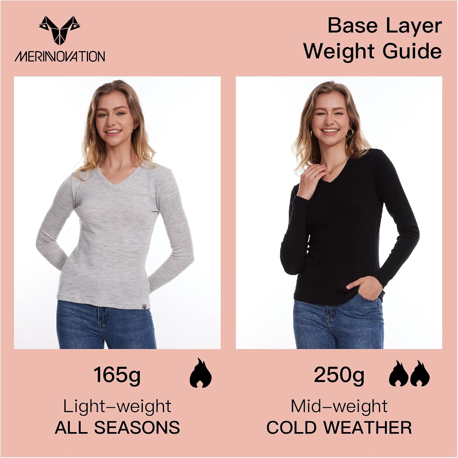 MERINNOVATION Merino Wool Base Layer Women - 100% Merino Wool Shirts for Women Lite - Midweight Long Sleeve V-Neck Tops - Image 4