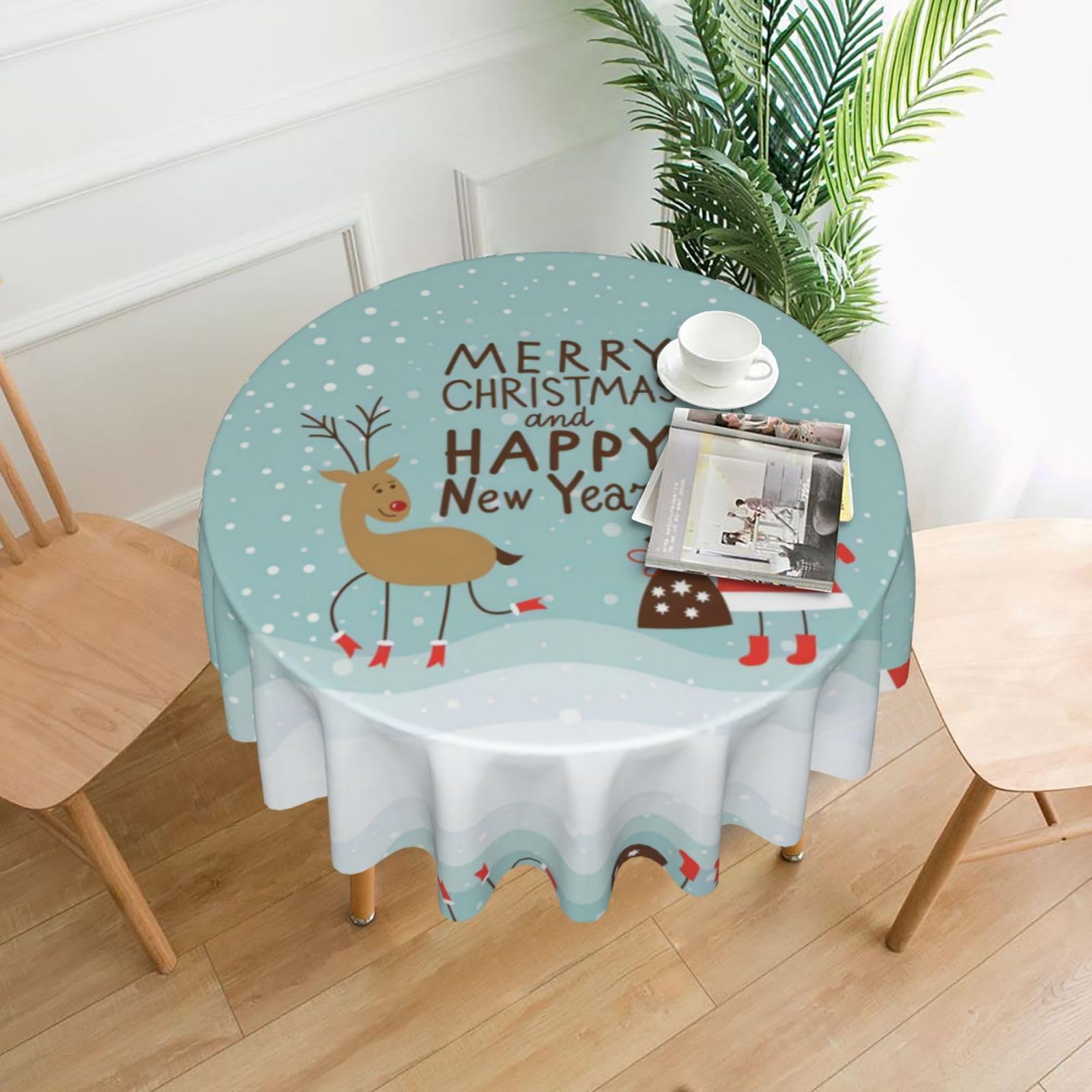 YYHWHJDE Merry Christmas And Happy New Year Prints Round Decorative Tablecloth 60in – Elevate Your Dining Experience with This Stunning Table Throw for Parties & Everyday Use
