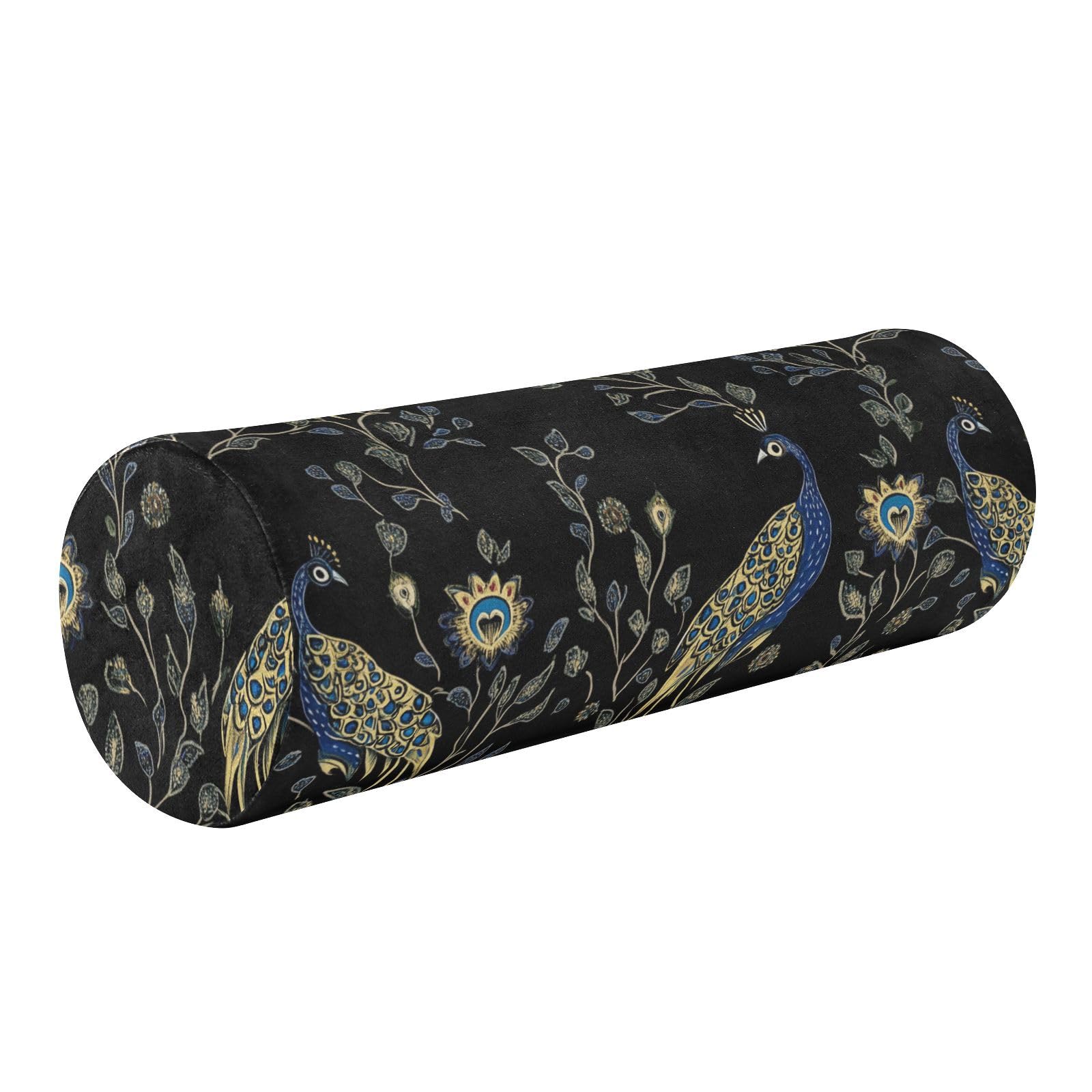 miaozhen Elegant Peacocks Floral Motifs Black Lumbar Support Pillow Sleep Neck Roll Pillows for Pain Relief almohada para rodillas 5.5''x17''