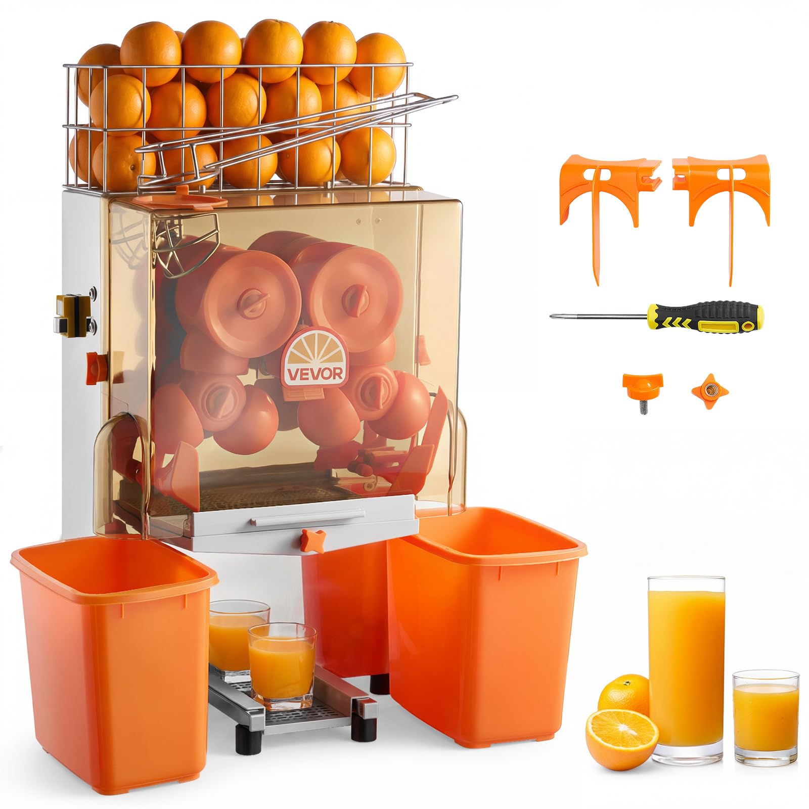VEVOR Exprimidora de Naranjas Comercial 120 W de Acero Inoxidable y PC, Eléctrica, Con 2 Recipientes Recolectores, Capacidad para Hasta 20 Naranjas por Minuto, Para Limones y Cítricos 55-80 mm