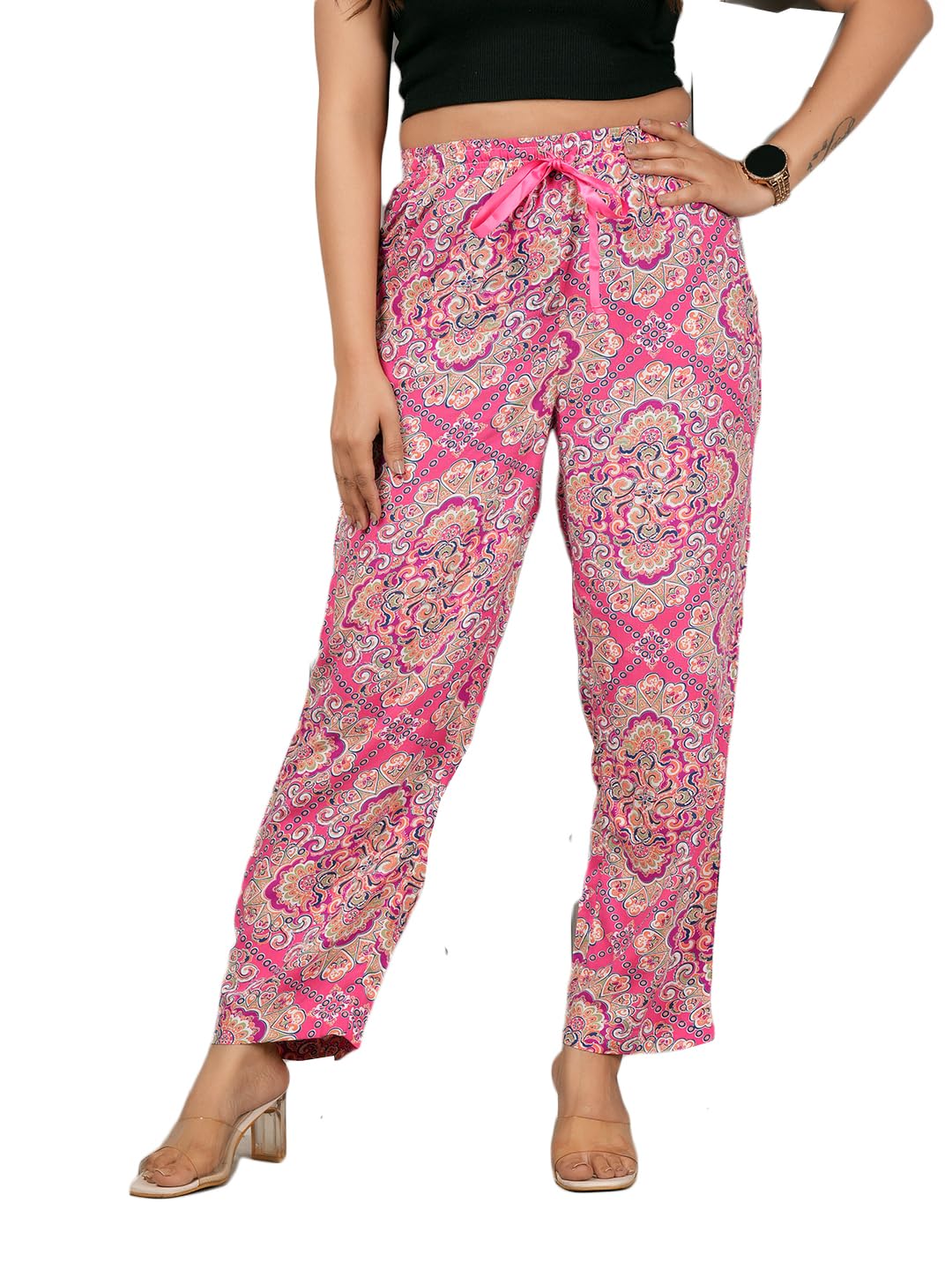 Women’s Pure Cotton Woven Pyjama | Mid Rise Relaxed Fit Elasticated Drawstring Waistband & Side Pocket | Comfortable Lounge, Sleepwear & Casual Bottom Wear(PY-88552PINK)-picture-29