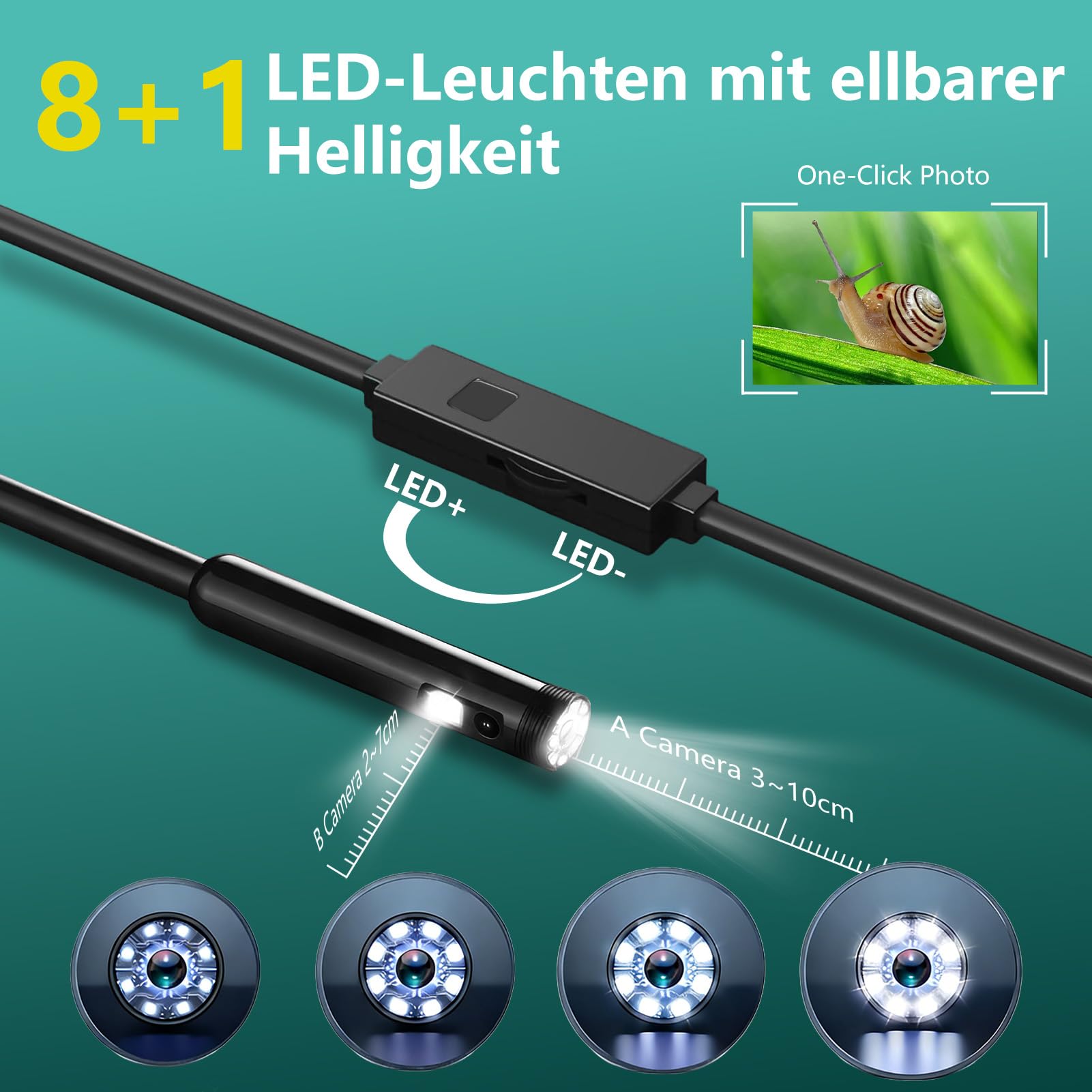 Endoscopio per Smartphone, Doppia Lente Endoscopio Industriale (3-in-1) - 1920P HD,Impermeabile IP67 con 8+1 LED,Cavo Semi-Rigido 5m,Funziona con Smartphone Android e iOS, iPad