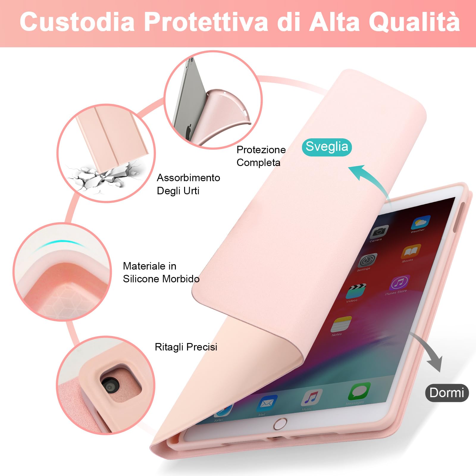 SOPPY Custodia Italiana Tastiera per iPad 9a/ 8a/ 7a Generazione/iPad Pro/Air 3a 10.5", Wireless Tastiera Staccabile, con Slot per Penna Stilo, Layout Italian - Rosa