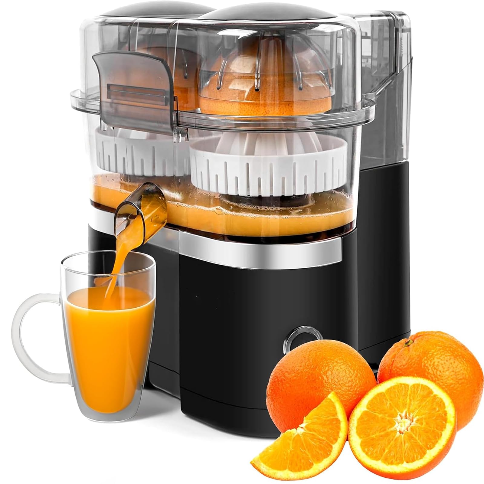 Exprimidor Eléctrico de Cítricos, Exprimidor Automático Dual de Naranja y Limón con Cortador de Cítricos Incorporado, Fácil de Limpiar, Exprimidor Eléctrico de Frutas 2 en 1 con Cepillo Limpiador