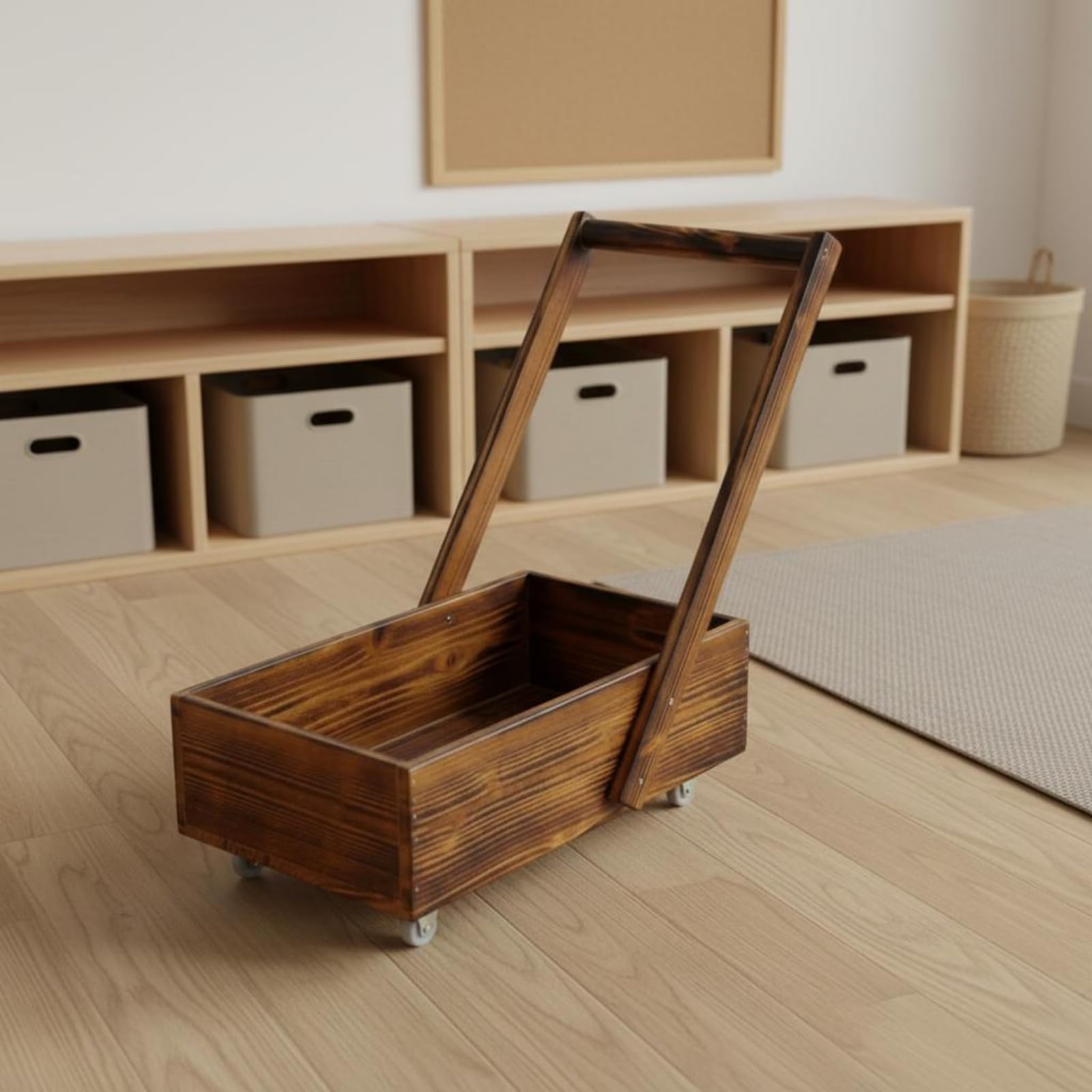 Carrello in Legno Carbonizzato Ruote Girevoli Carretto Miniatura con Manico Struttura Robusta Giocattolo da Trainare per Età Prescolare, Esterno