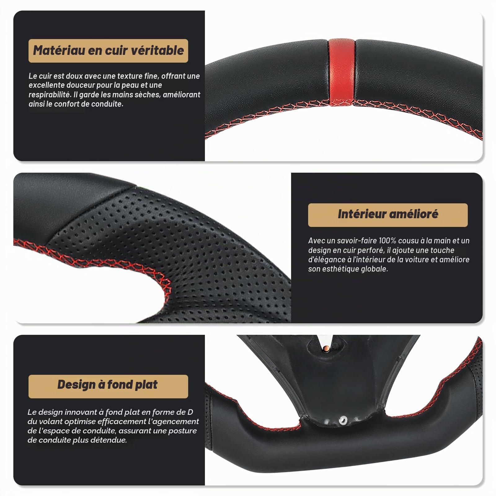 Cuir Plein - Volant antidérapant avec revêtement en cuir D-forme avec base plate et coutures rouges pour BMW M Sport 1/3 Series M3/E88 E90 E91 E92 E93 2005-2012