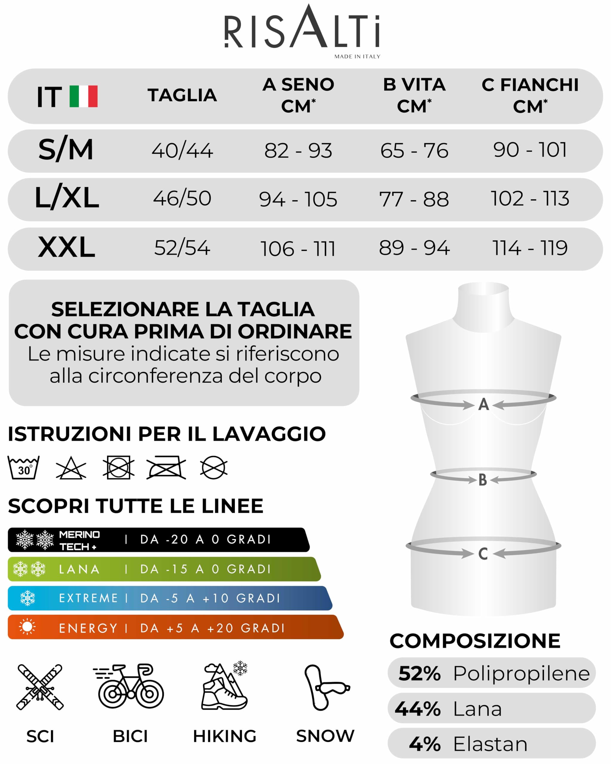 Risalti Tuta Termica Donna Invernale Lana Merino Tech - Completo Maglia Termica Donna e Calzamaglia in Merino Premium e Dryarn, Intimo Seamless, Traspirante e Termoregolante Estremo - Made in Italy
