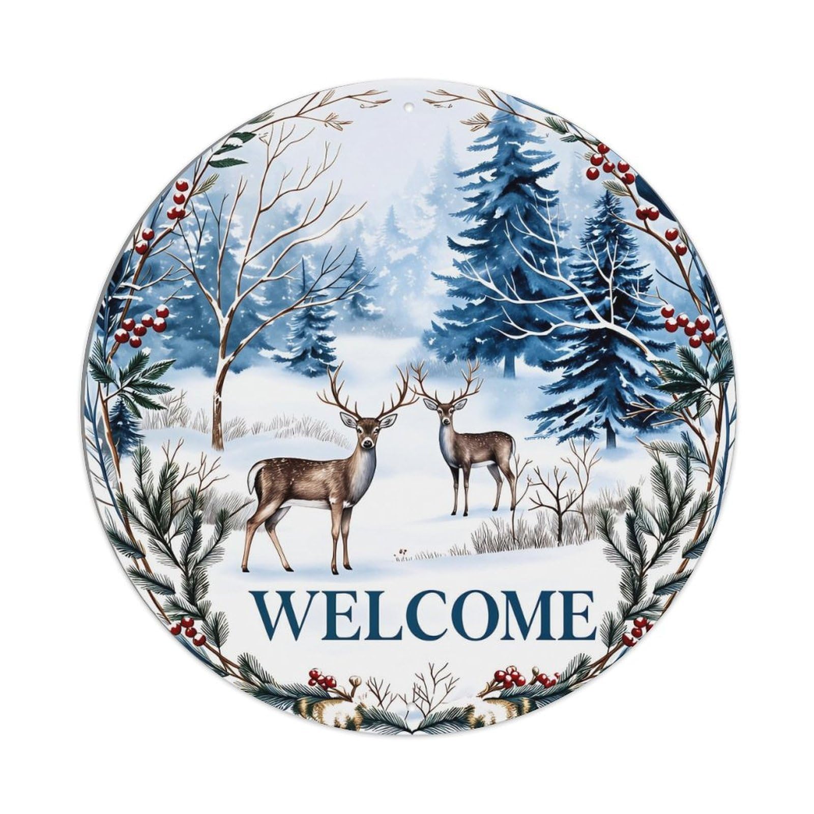 Winter Deer Welcome Wreath Design Retro Metal Tin Sign, Vintage Metal Poster for home, Gaming Room, Studio Workshop,Bar,Garage Wall Art Decor 8x8 inch