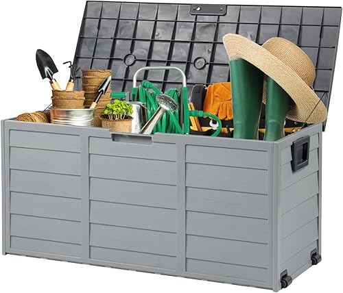 VINGLI Caja de almacenamiento al aire libre mejorada de 75 galones, contenedores de almacenamiento de plástico con cerradura con tapa, muebles de