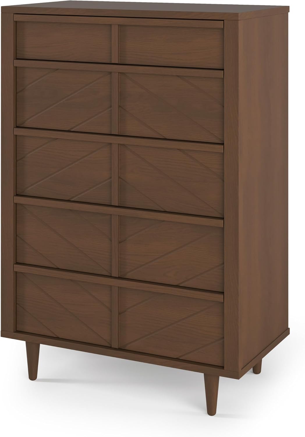 Child Craft Surrey Hill 5-Drawer Chest, 33" W 48 Inch Tall Mid-Century Modern Nursery Dresser with Wooden Handle Pulls, Diamond Pattern Drawer Fronts, Anti-Tip Kit, Toasted Chestnut
