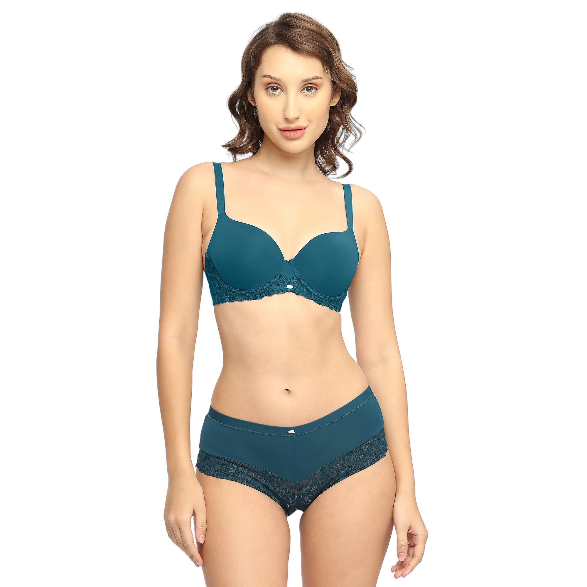 soie Women Medium Coverage Padded Wired Thirst Lace Bra with Mid Rise Lace Shorty Cheeky Panty Lingerie Set-picture-36