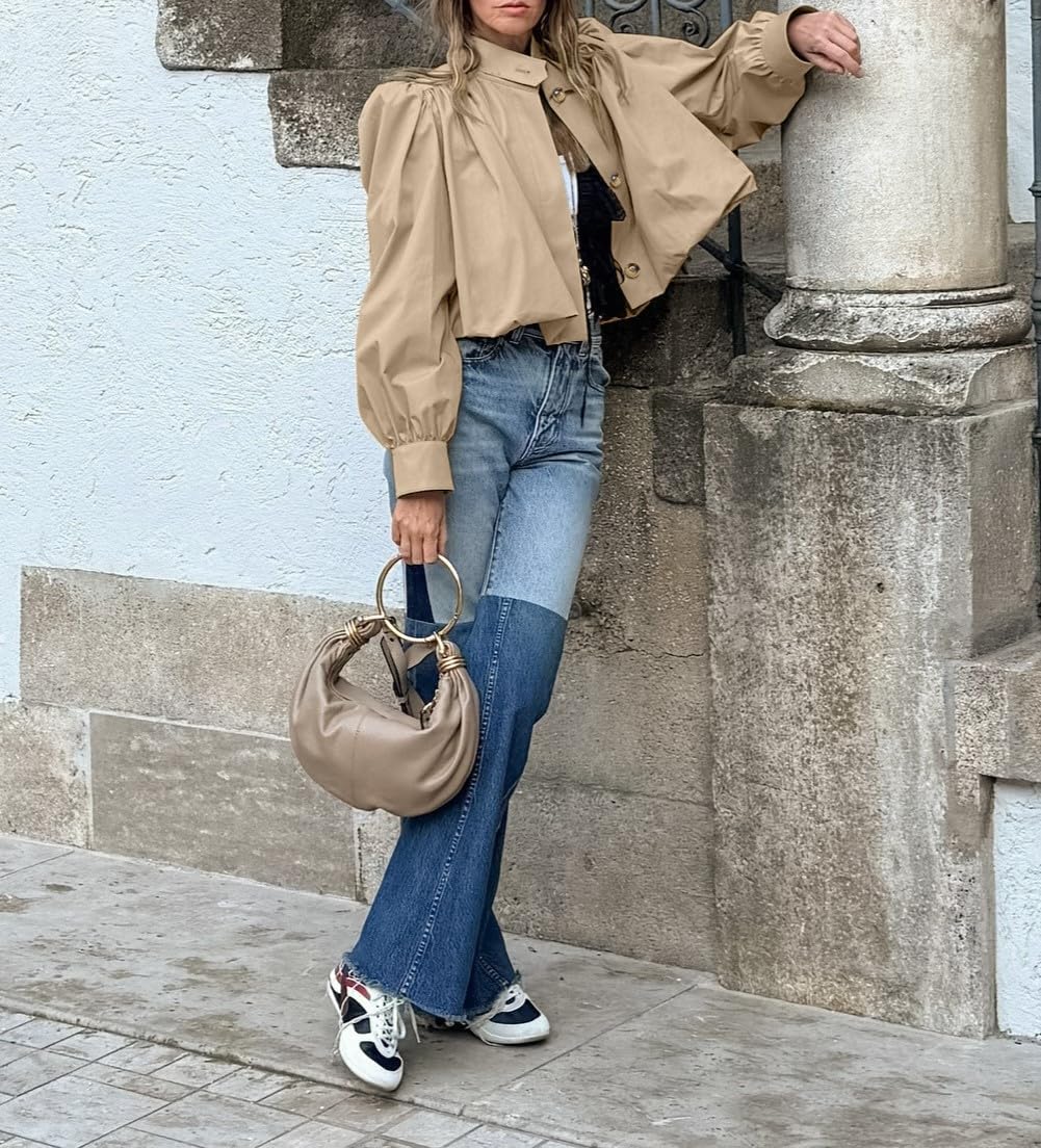 CHARTOU Women Fall Pleated Cropped Jacket Coat Stand Collar Single Breasted Puff Sleeve Trench Outwear Coat