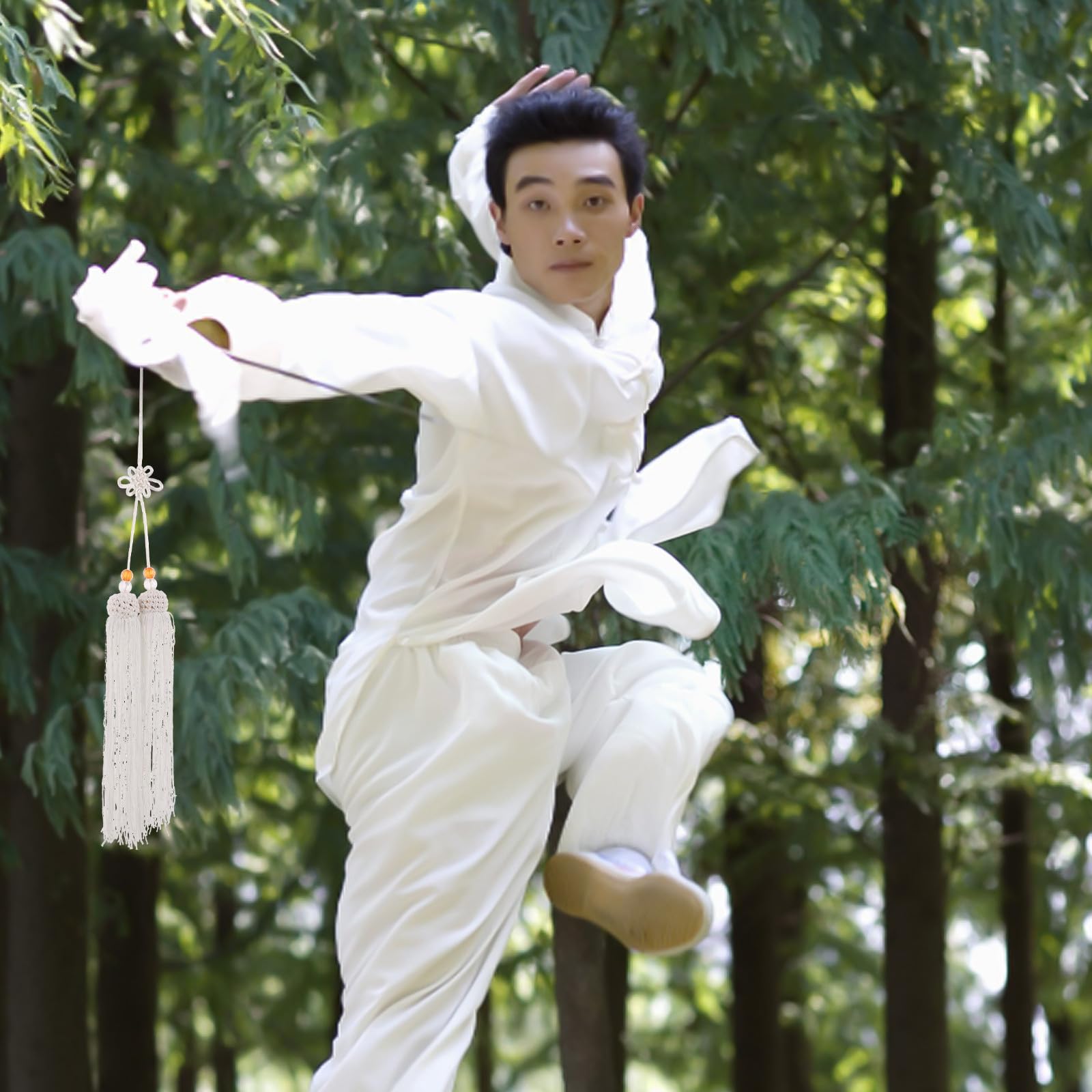 FUOYLOO Borla de Espada Nudo Chino en Seda Hielo White, Accesorio para Entrenamiento y Exhibición en Artes Marciales, Compatible Abanicos y Equipo de Esgrima