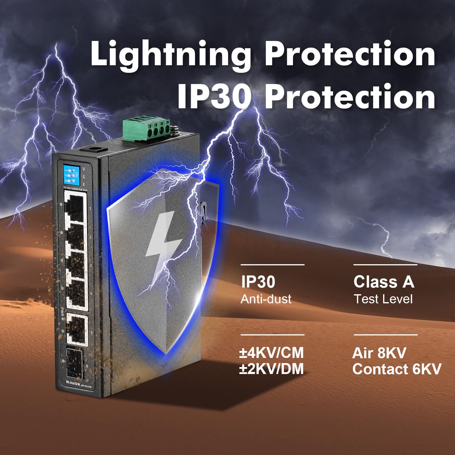 MokerLink Switch PoE Industrial Din Rail Gigabit a 6 porte, 4 porte PoE da 100/1000 Mbps, IEEE802.3af/at PoE+, 1 Gigabit uplink, 1 Gigabit SFP, metallo DIN Rail e montaggio a parete switch Ethernet