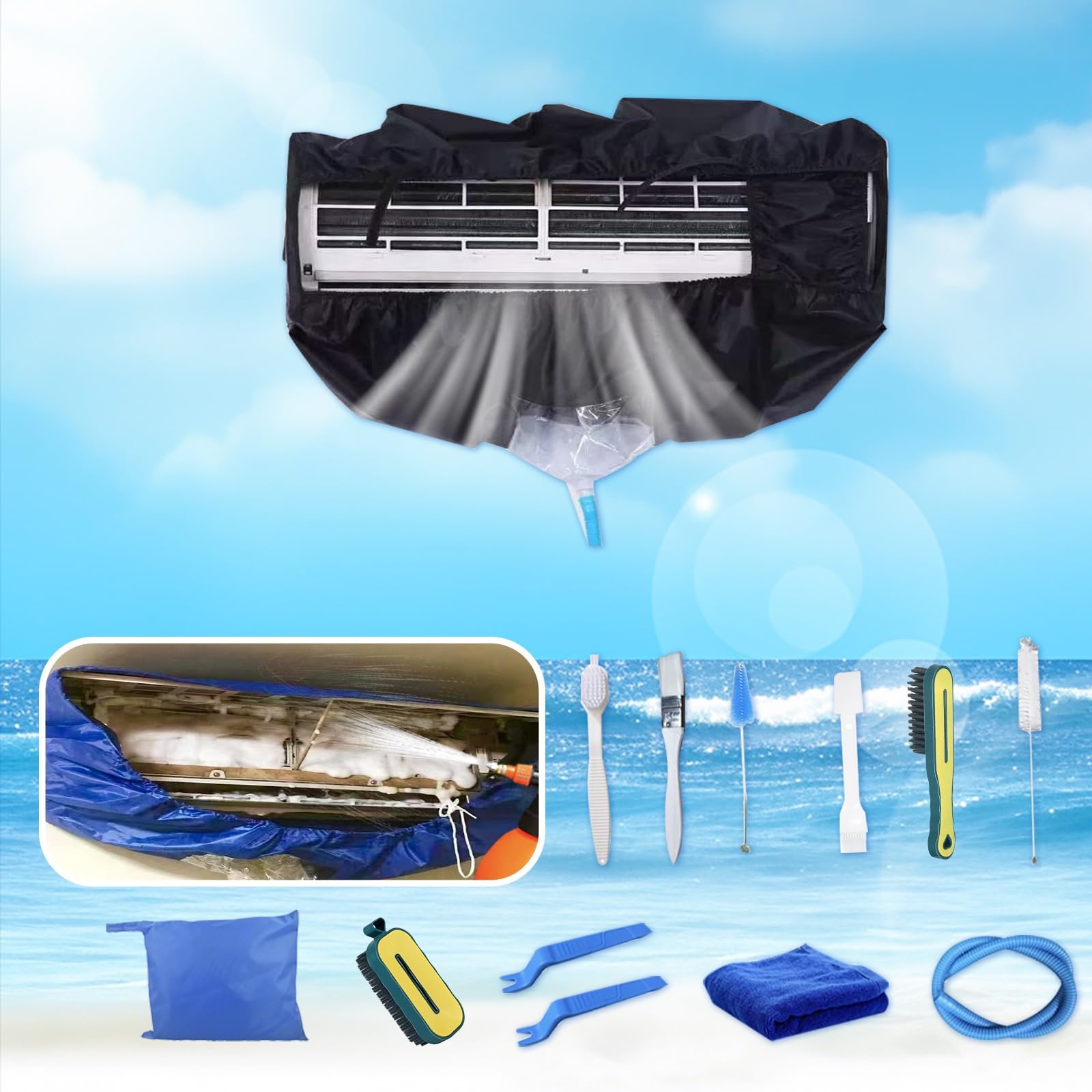 Kit de Limpieza Profunda para Limpieza de Aire Acondicionado, Bolsa de Limpieza de Aire Acondicionado con Manguera de Agua (13 Piezas, Pequeña, Negra)