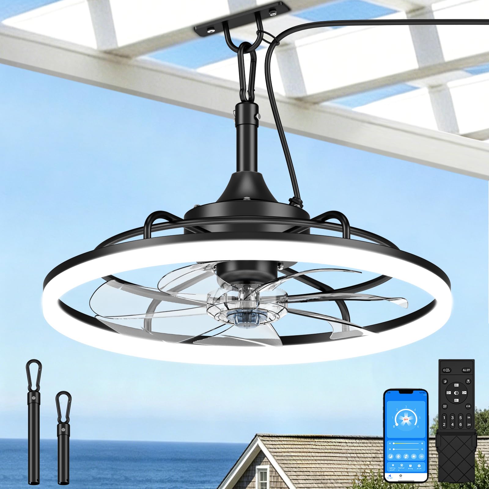 Photo 1 of VOLISUN Outdoor Ceiling Fans with Light for Patios, 19.7in Weatherproof Plug in Ceiling Fan, 3000K-6500K Dimmable Gazebo Fan Remote&APP Control, Black Caged Ceiling Fan for Porch, Pergola,Canopy