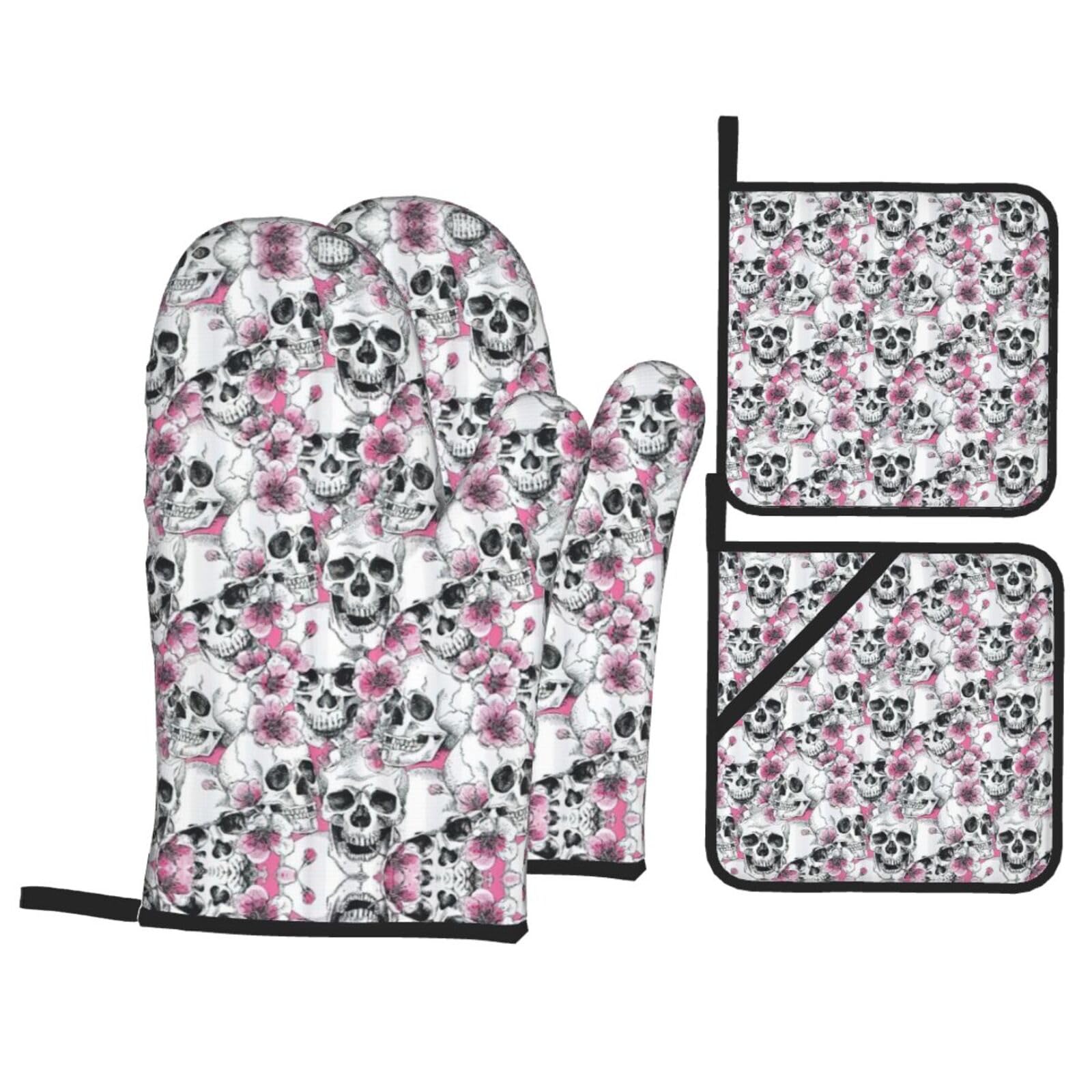 Floral Skull Print Oven Microwaving Waterproof Kitchen Gloves for Baking Grilling Holiday Cooking