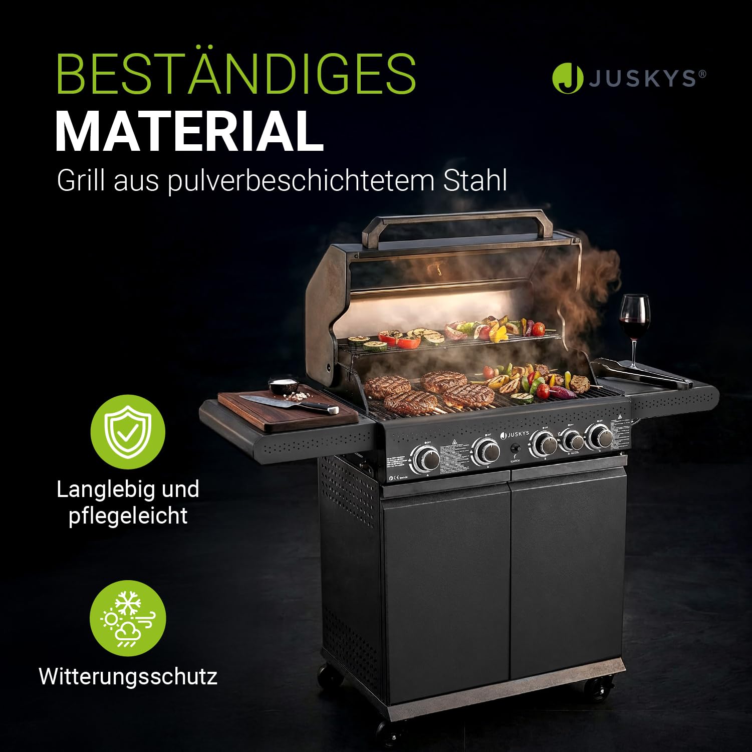 Juskys BBQ Gasgrill Savannah - 4 Brenner und 1 Seitenbrenner - XXL Stahl Gas Grill mit Gusseisen Grillrost, Kochfeld, Unterschrank für Gasflasche