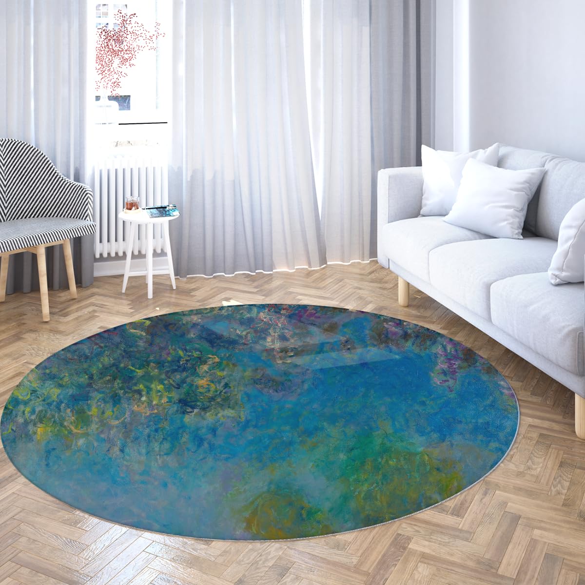 Runder Teppich 70cm Waschbarer Seerosen-Kreisteppich | Rutschfester abstrakter Kunstteppich niedriger Flor für Schlafzimmer, Eingangsbereich, Wohnung, Büro, Studentenwohnheim