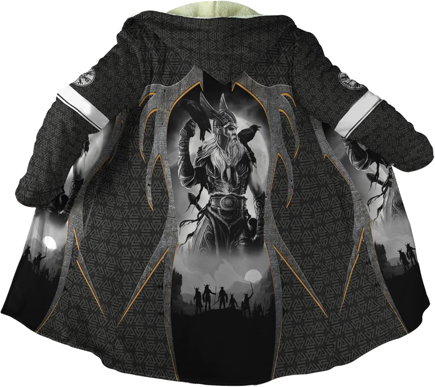 Viking Winter Padded Coat for Men, 3D Print Warm Cloak Mid-Length Hooded jacket cosplay Nordic clothing