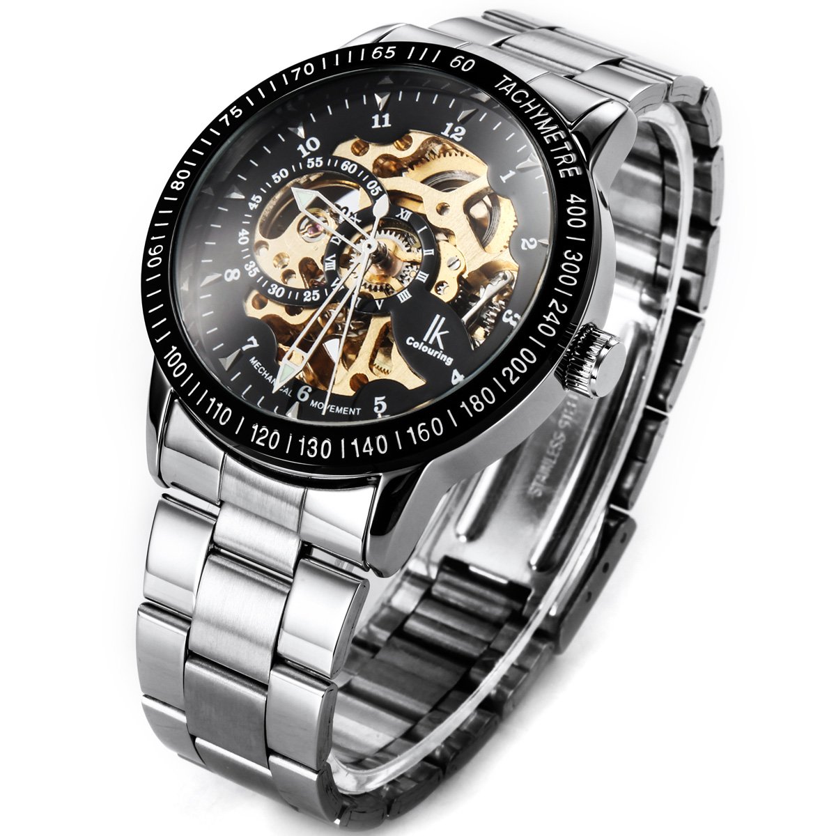 Alienwork IK Reloj Automático Hombre Mujer Plateado Pulsera de Metal Acero Negro Esqueleto Fondo de Vidrio