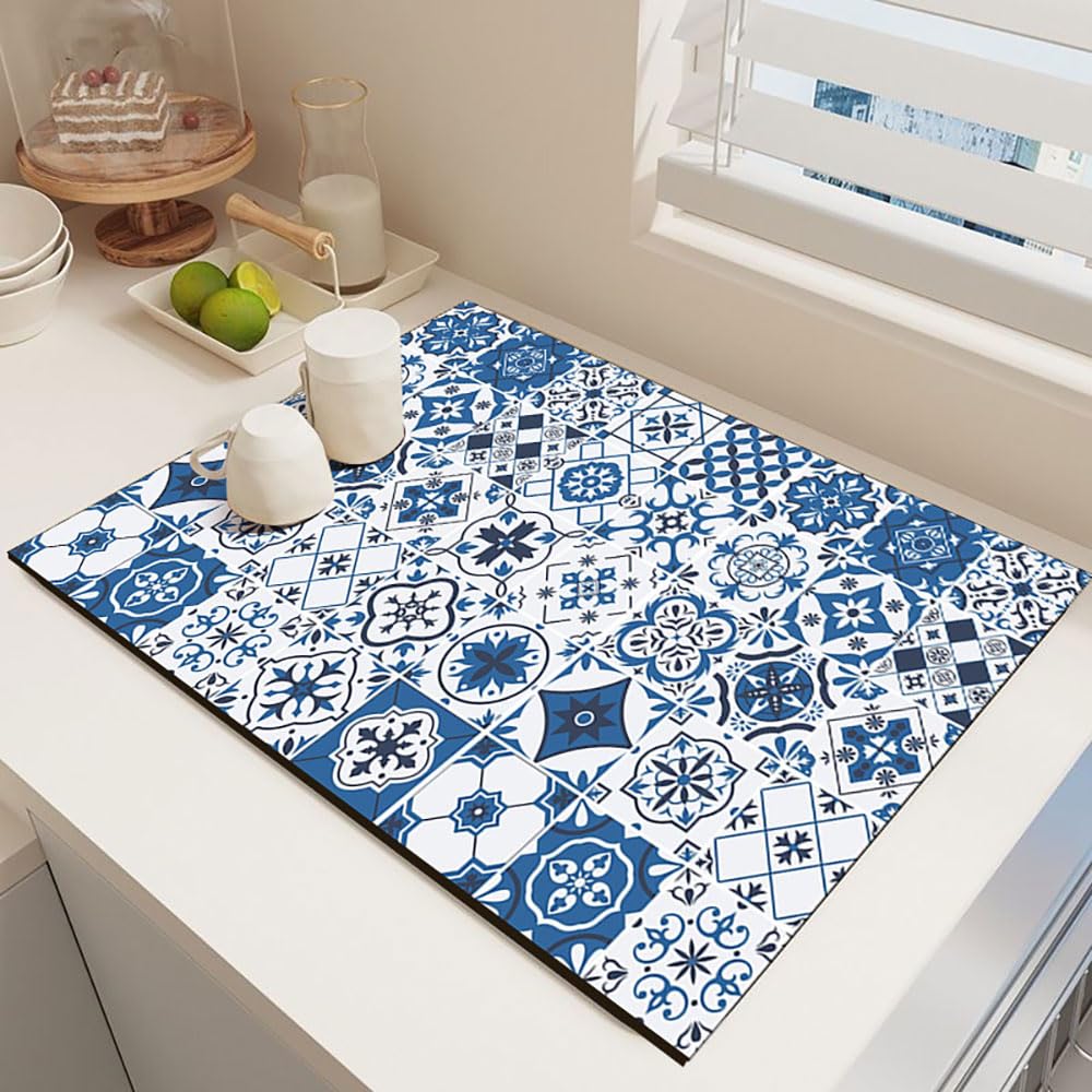 Odot Dish Drainer Mat, Moroccan Style Non Slip Washable Drainer Mat Dish Drying Mats for Kitchen, Nanofiber Diatomaceous Earth Multifunctional Drying Mat (Blue,30x40cm)