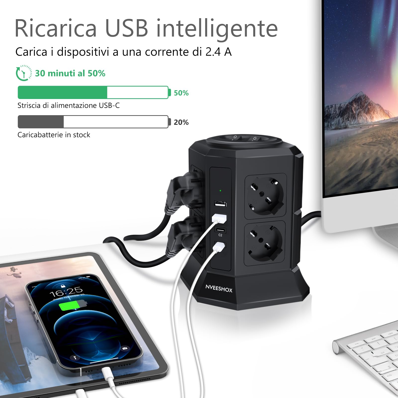 NVEESHOX Mehrfachsteckdose mit 8 Universalsteckdosen Schuko(4000W 10/16A) & 2 USB-C (20W PD3.0) & 2 USB-A, IT Mehrfachsteckdose vertikal mit Schalter mit Schalter, Kabel 2 m (schwarz)