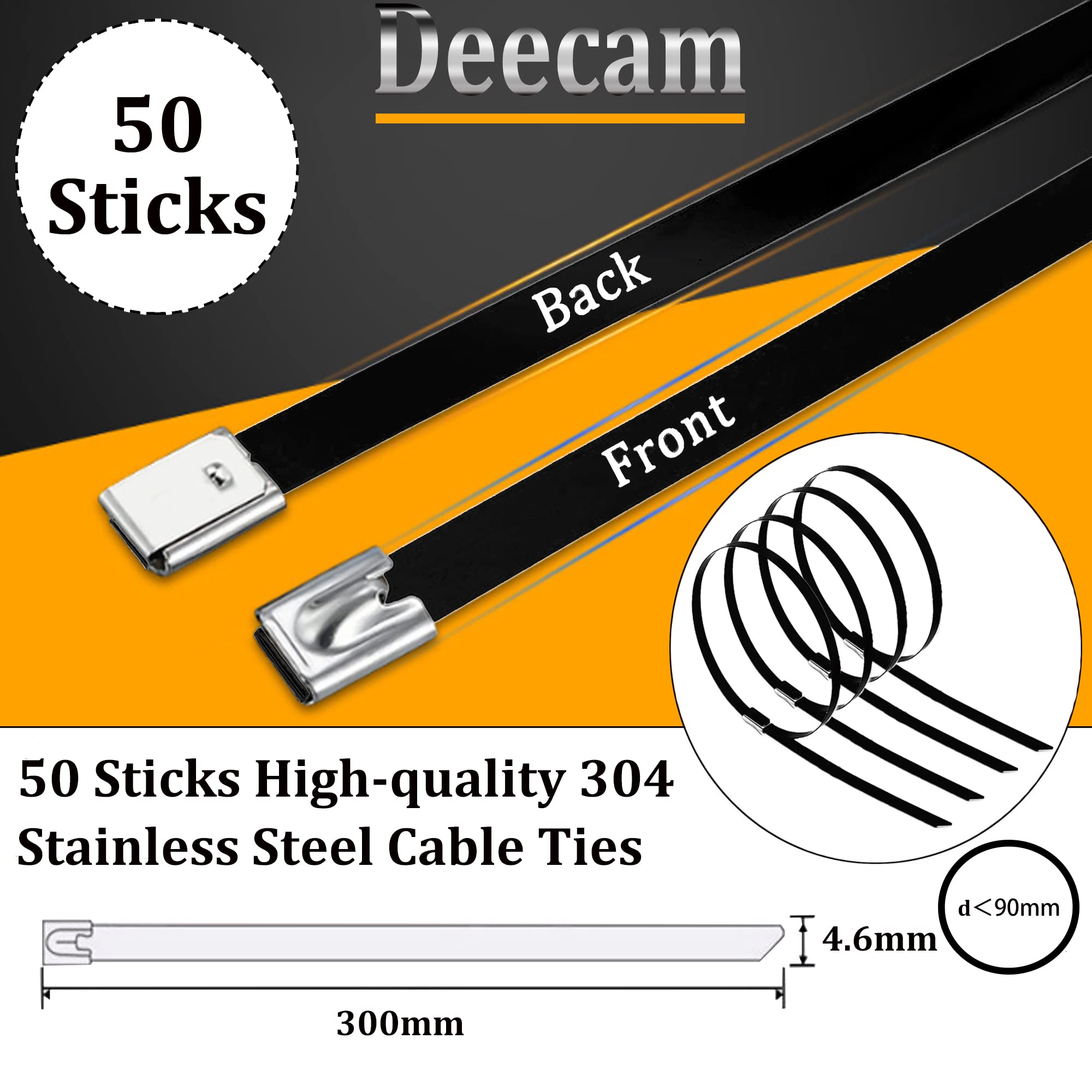 Deecam Edelstahl-Kabelbinder Schwarz – 50 Stück, 4,6x300 Mm, Robust & Hitzebeständig