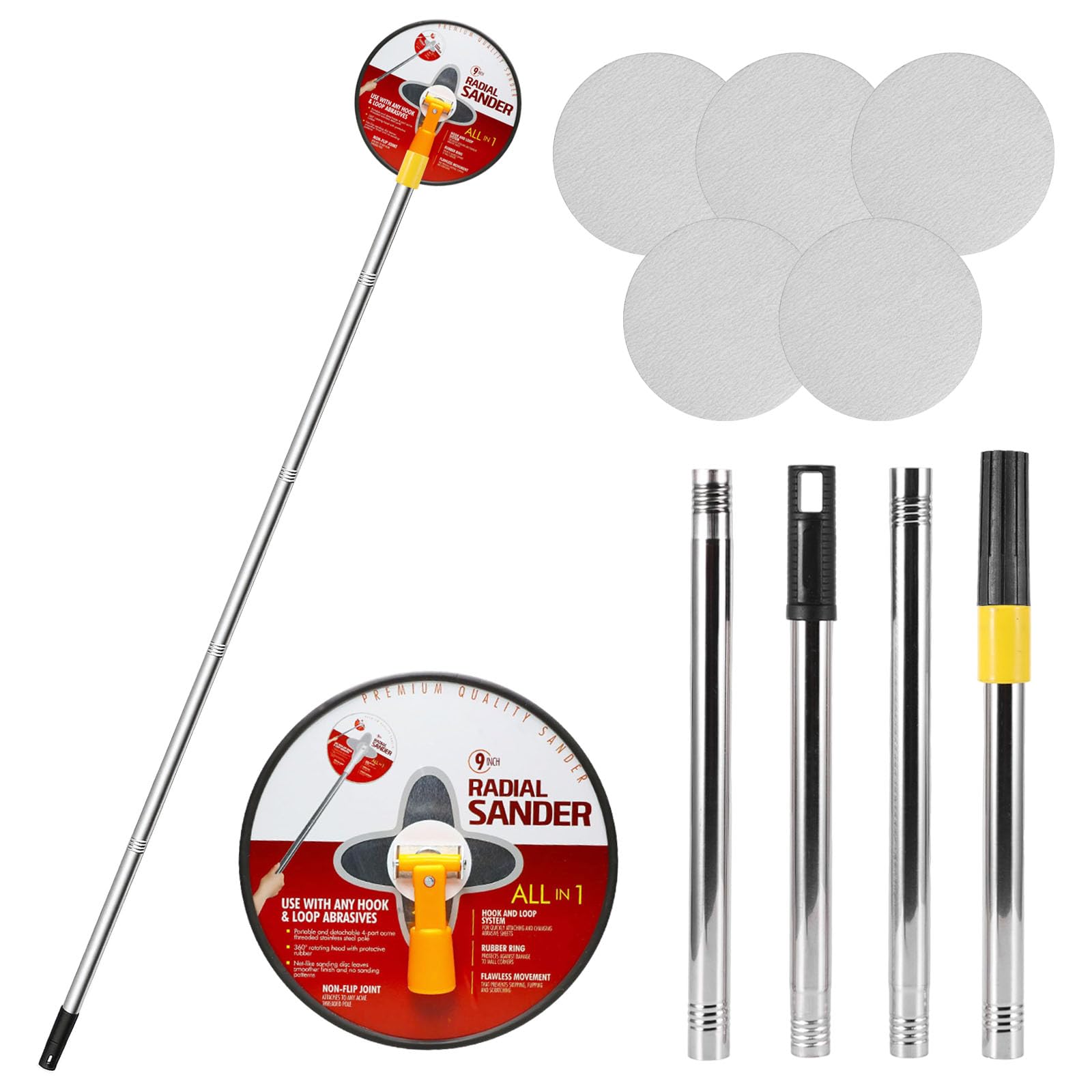 Pole Drywall Sander Radial Round Head Wall Sander 360 Degree Rotation Drywall Sanders with 5 Pcs White Sandpaper 80,100,180,240,320 Grit, Polishing Sanding Tool for Walls and Ceilings(Red)